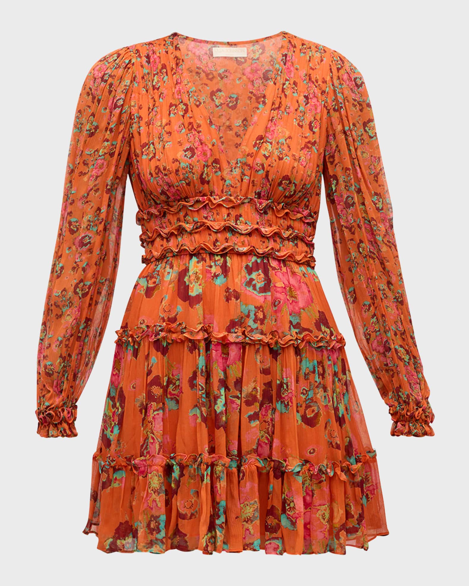 Ulla Johnson Lya Floral Silk Tiered V-Neck Mini Dress