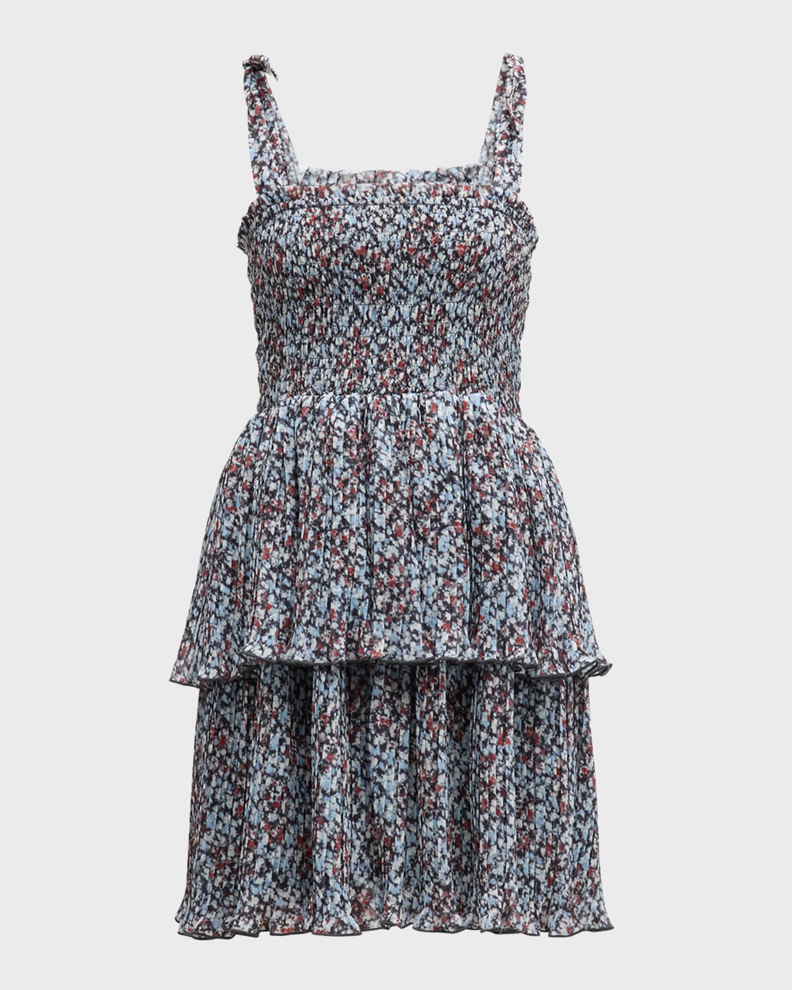 Ganni Pleated Georgette Tie-Shoulder Smock Mini Dress