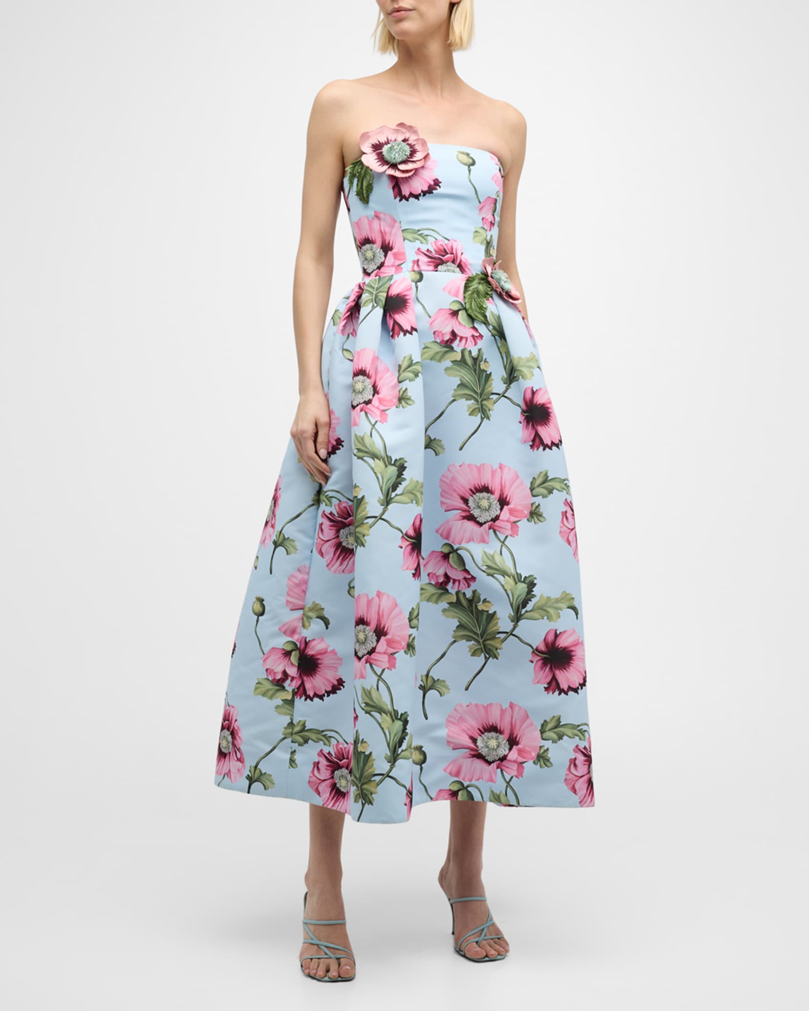 Flower Embroidered Strapless Poppies Faille Midi Dress