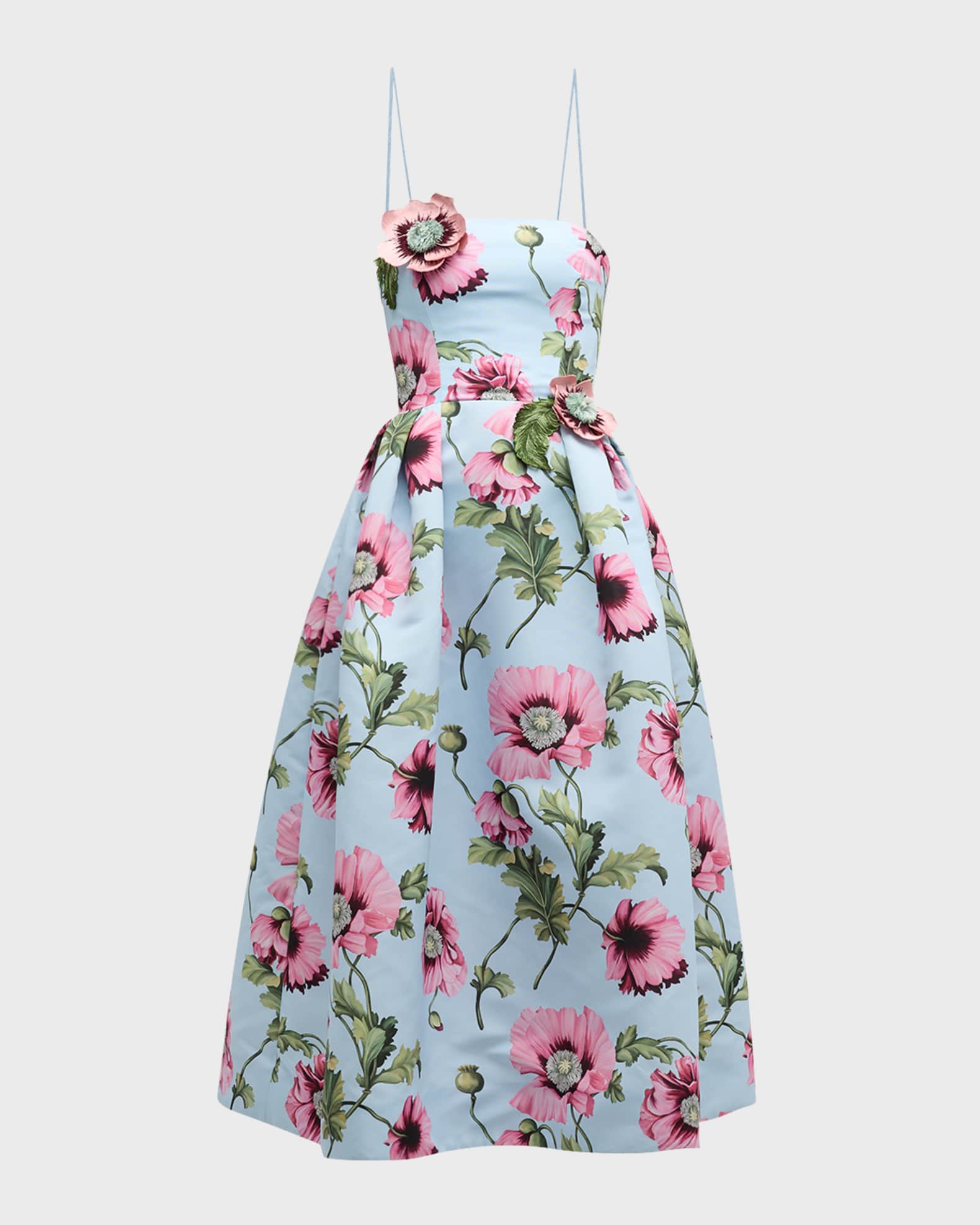 Oscar de la Renta Flower Embroidered Strapless Poppies Faille Midi Dress