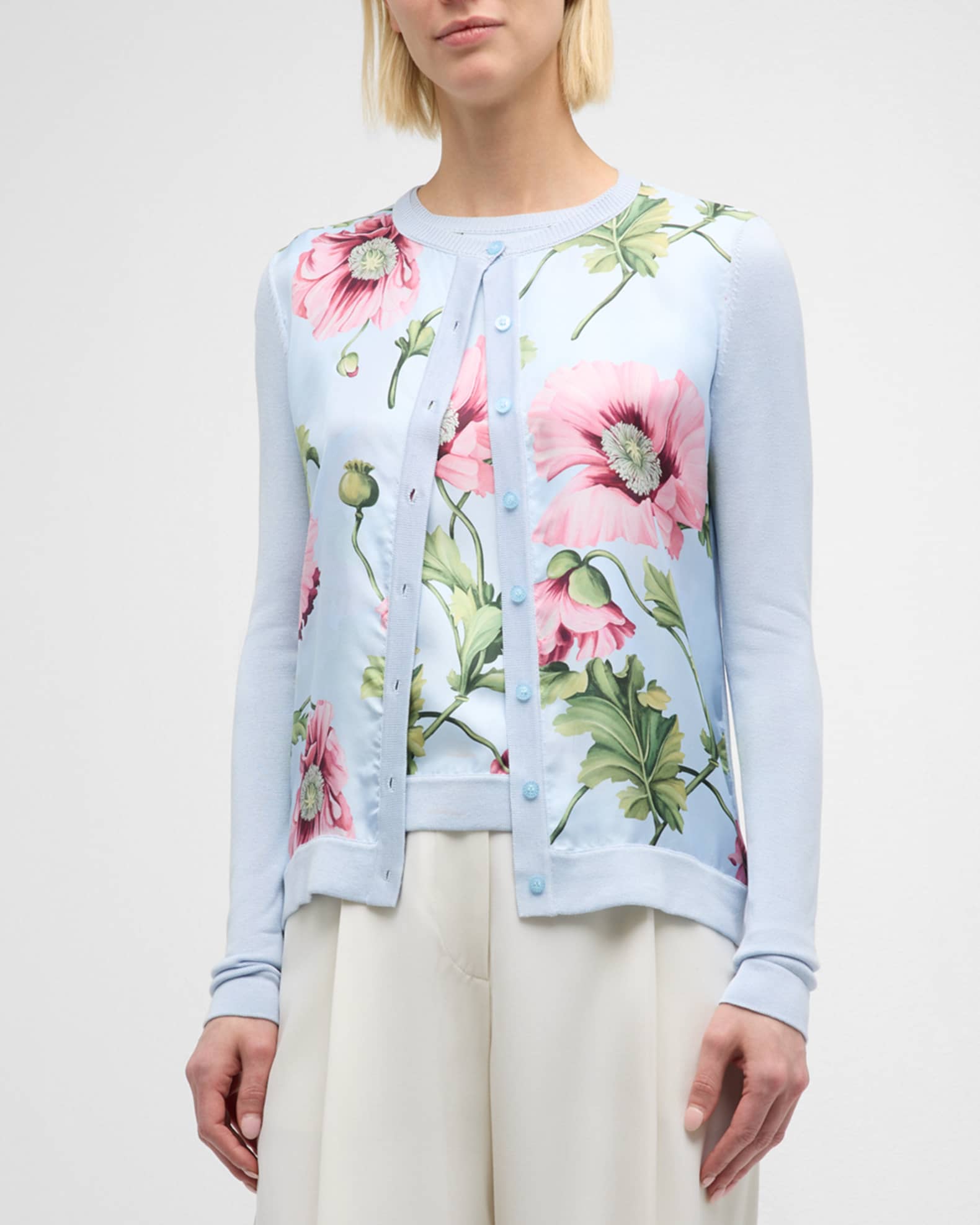 Oscar de La Renta Silk Inset Poppy Print Cardigan Sweater Blue