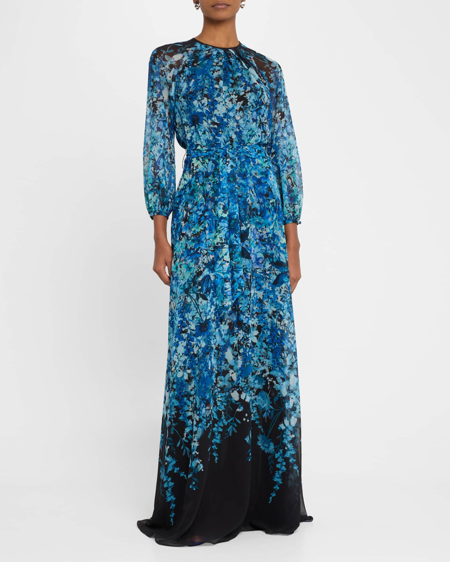 Blouson-Sleeve Floral-Print Chiffon Gown 1