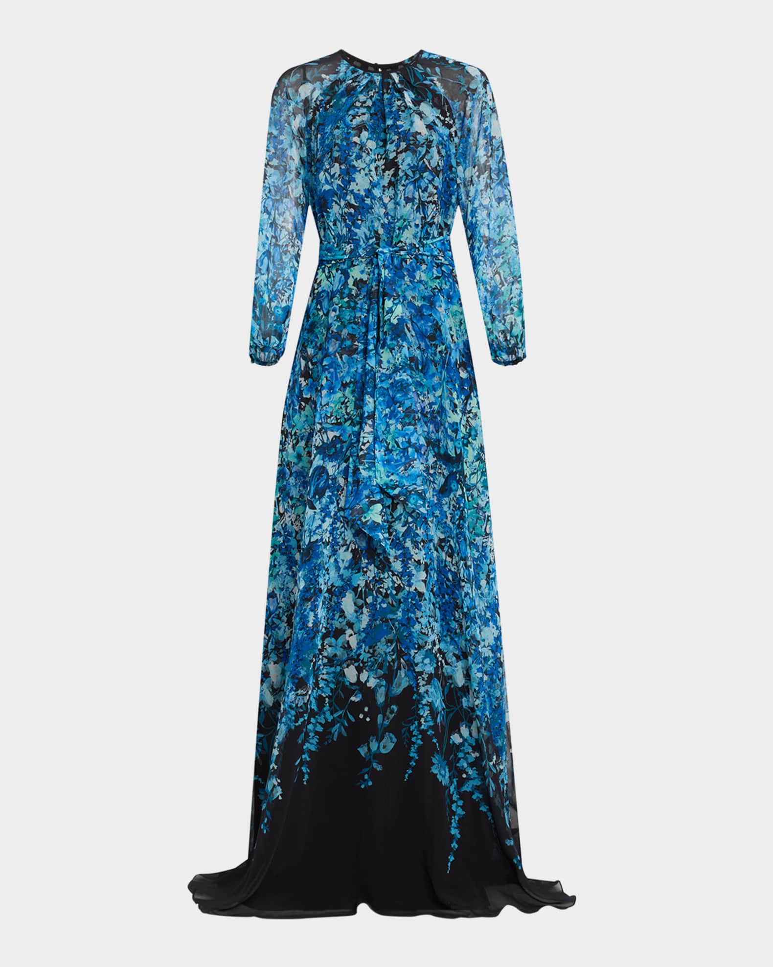Blouson-Sleeve Floral-Print Chiffon Gown 0