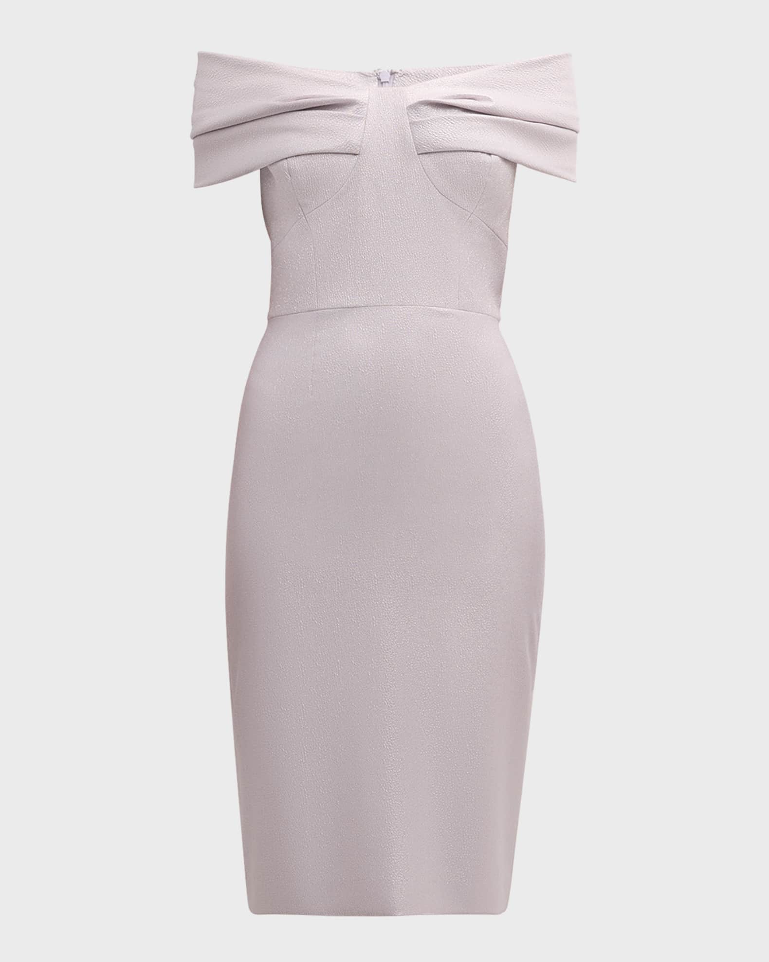 Rickie Freeman for Teri Jon Off-Shoulder Metallic Jacquard Midi Dress