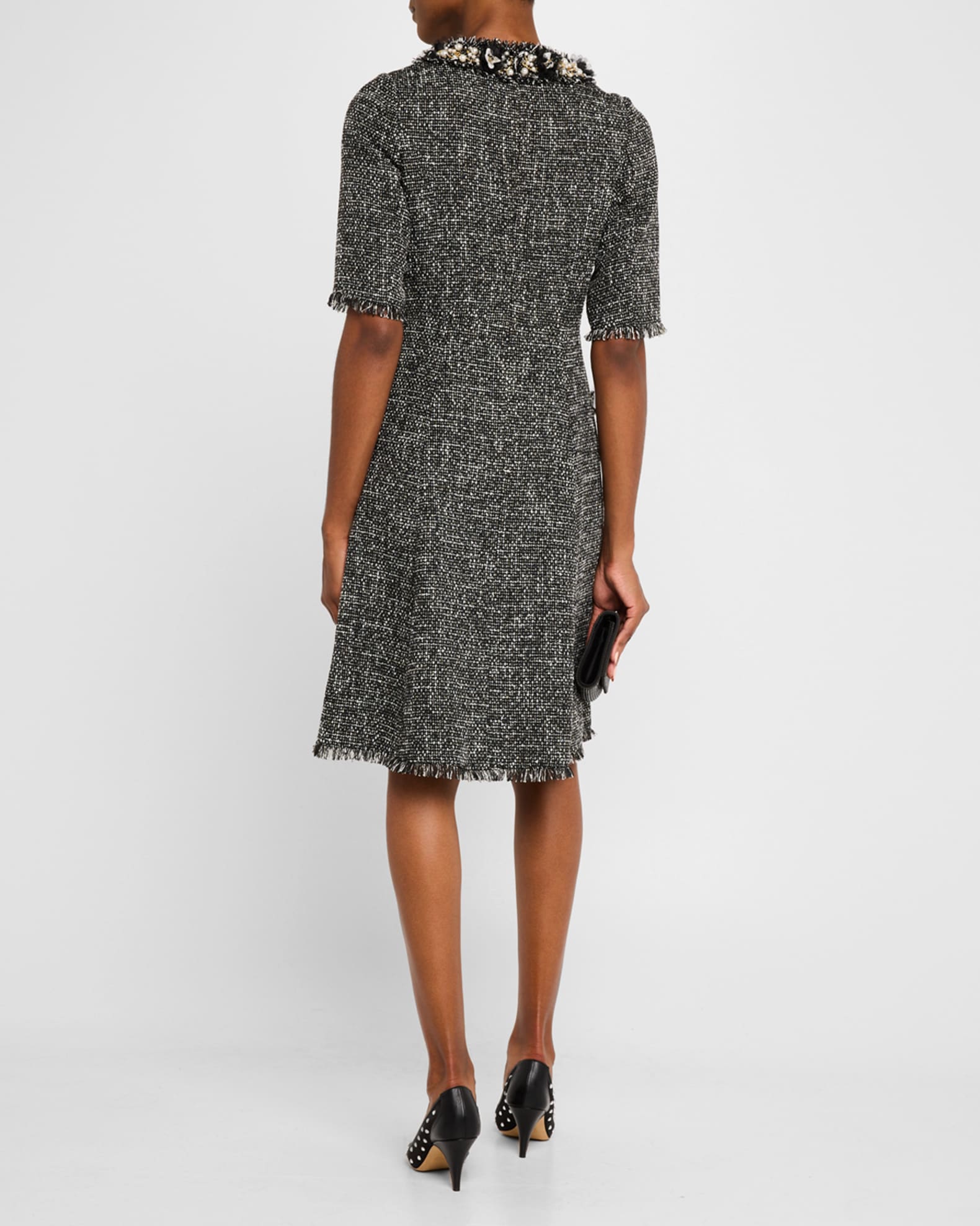 Bead Pearl Embellished Tweed Midi Dress