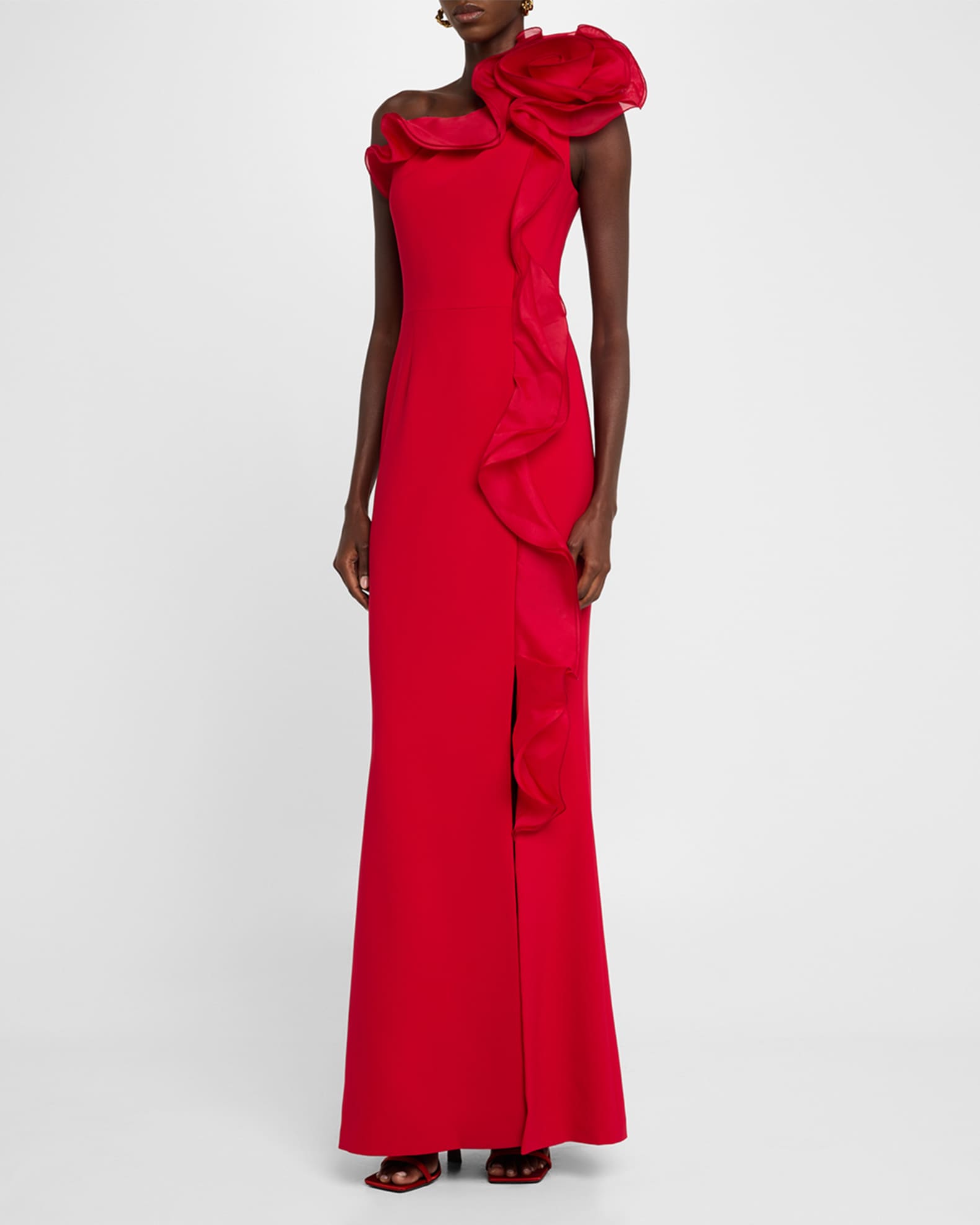 One-Shoulder Ruffle Crepe Gown 1