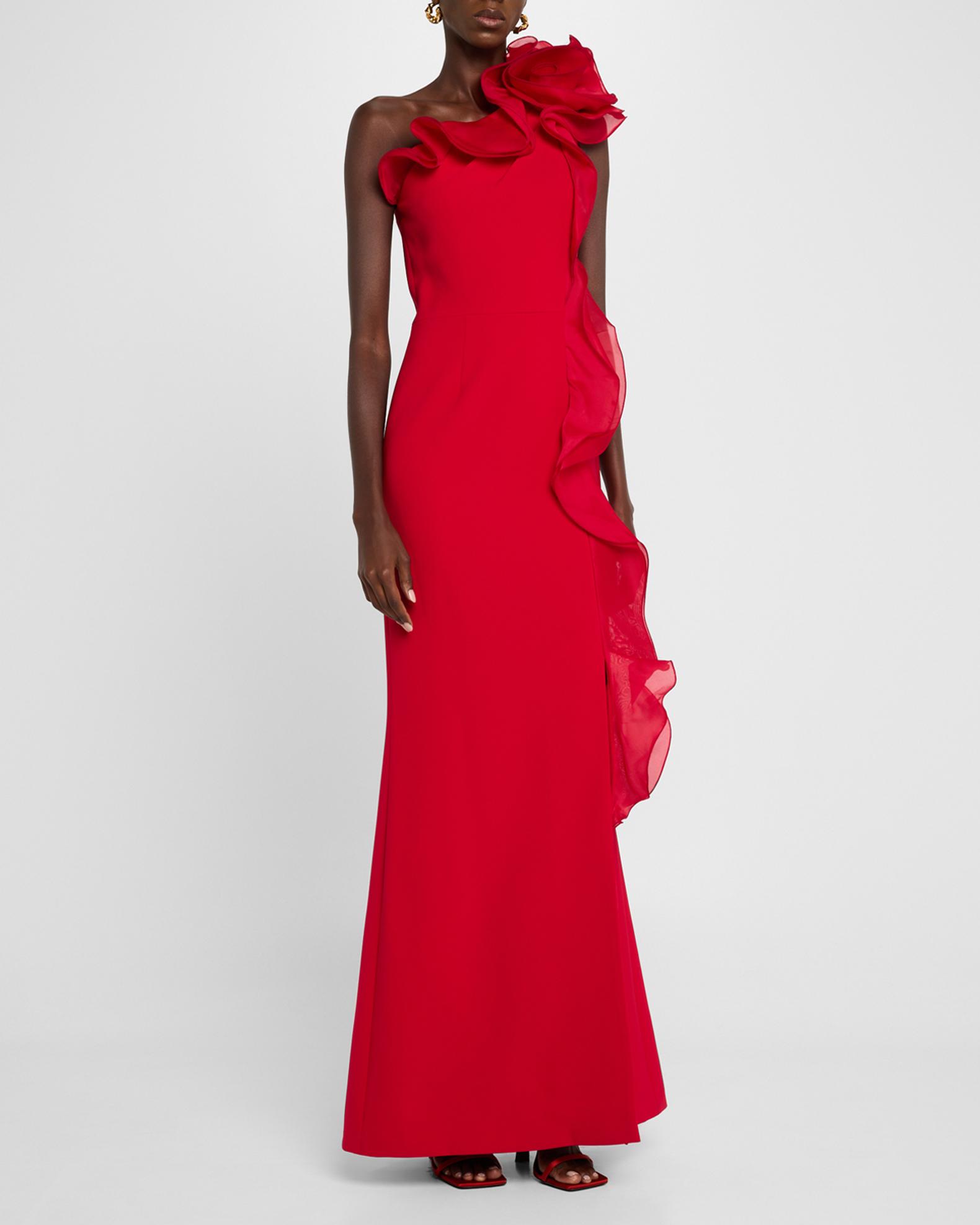 Rickie Freeman for Teri Jon One-Shoulder Ruffle Crepe Gown | Neiman Marcus