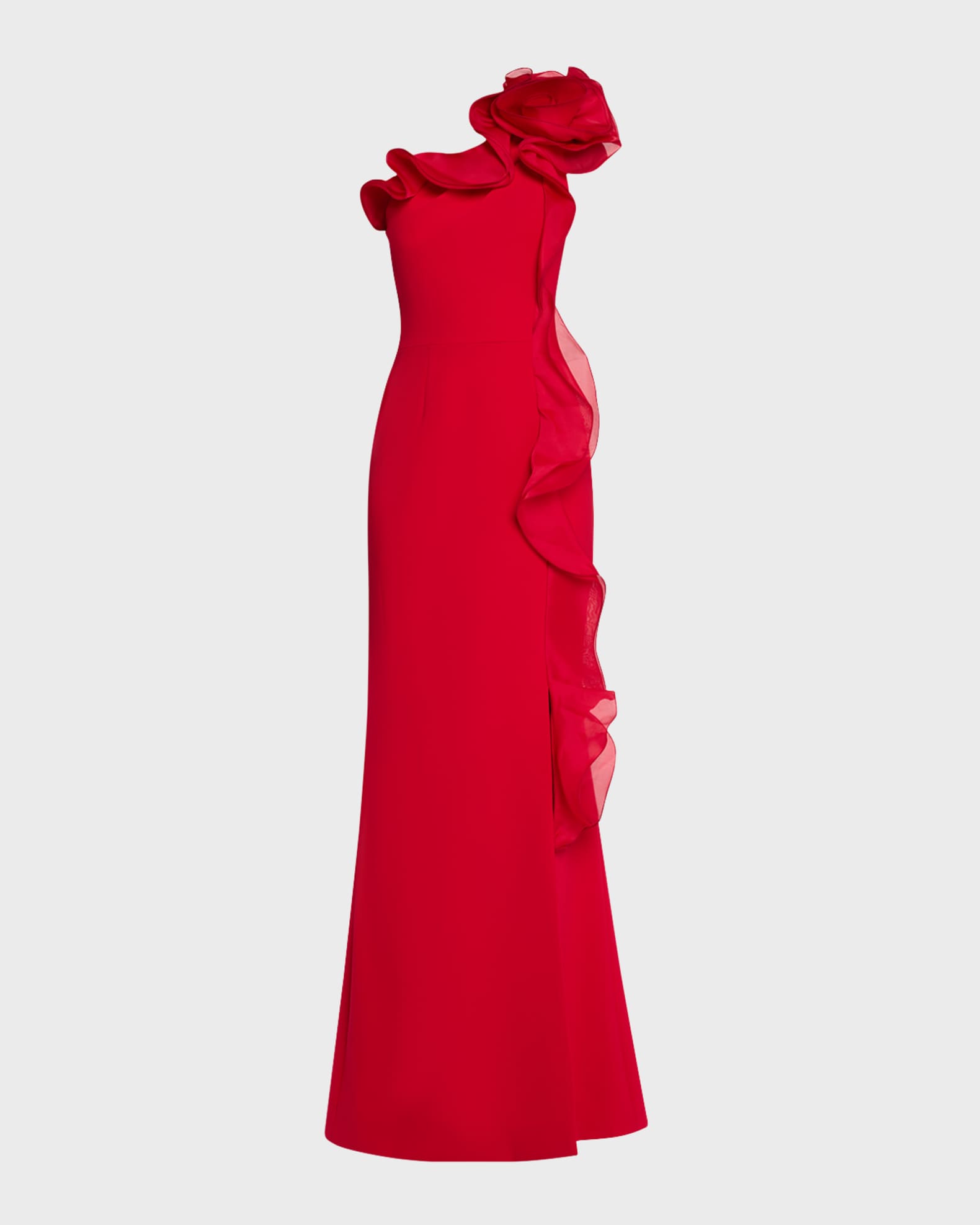 One-Shoulder Ruffle Crepe Gown 0