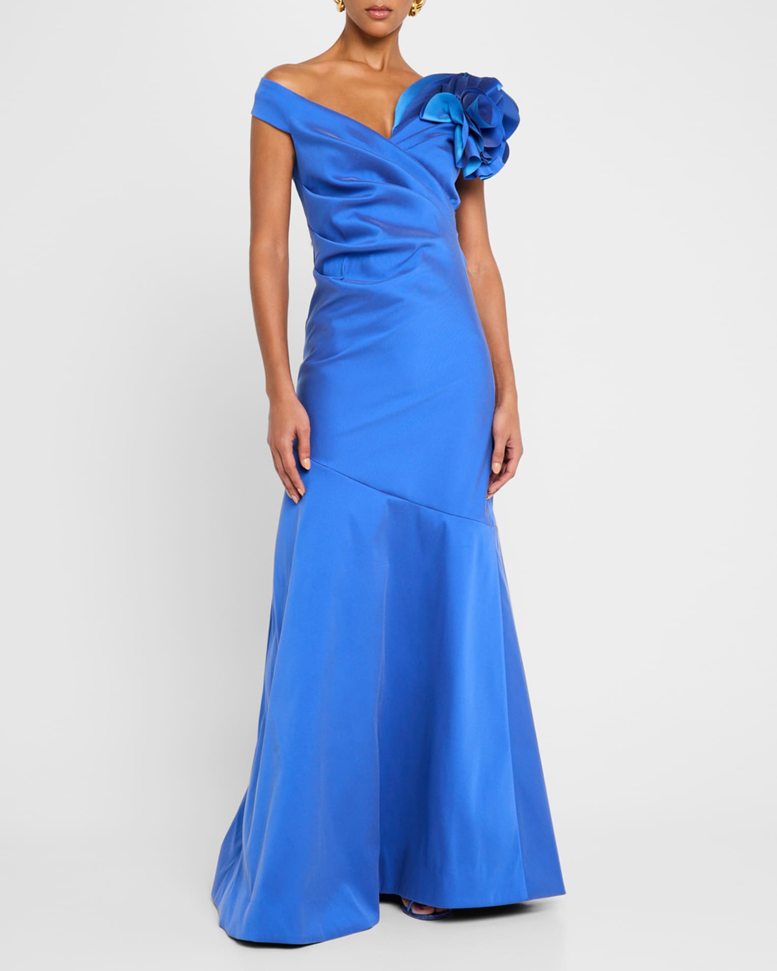 Pleated Off-Shoulder Ruffle Gazar Gown 1