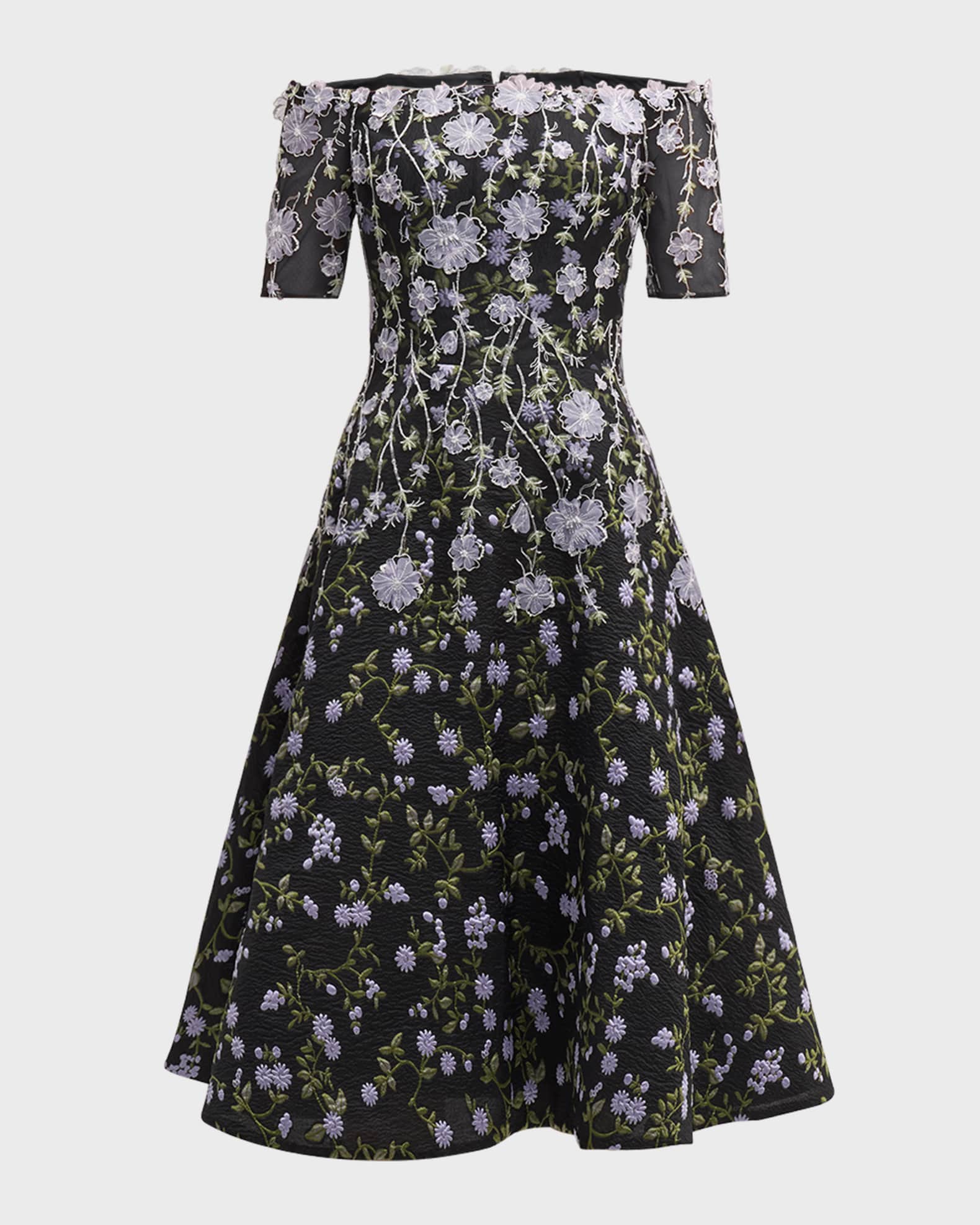 Floral-Embroidered Off-Shoulder Midi Dress 0