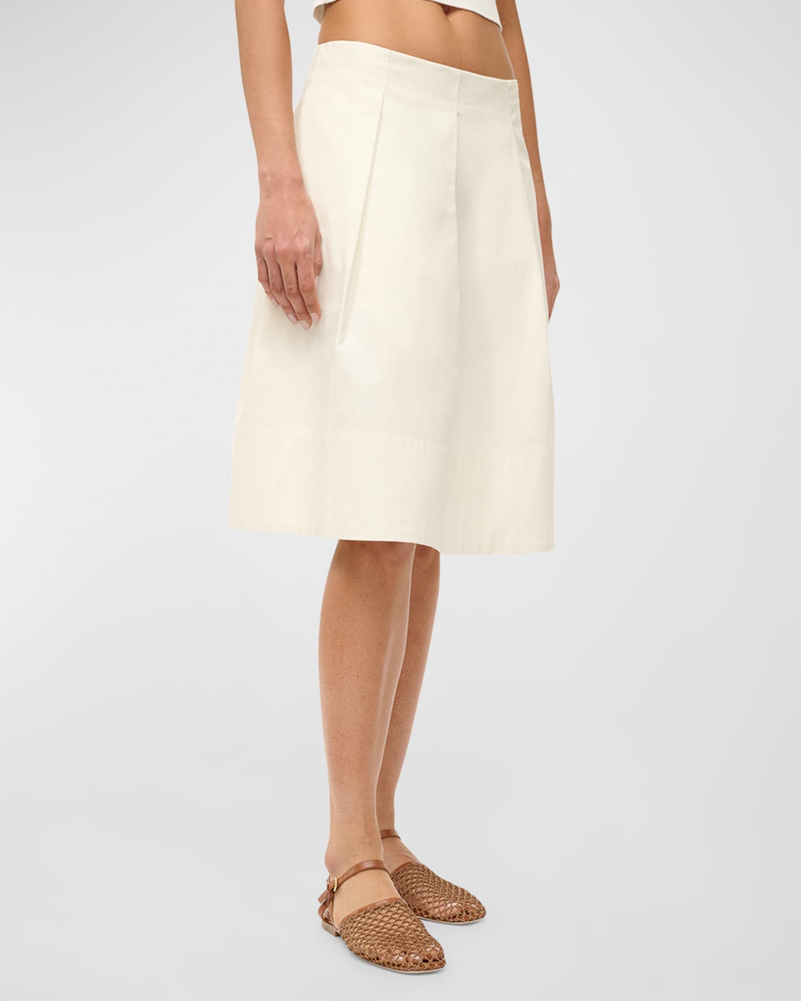 STAUD London Knee-Length Pleated Cotton Skirt