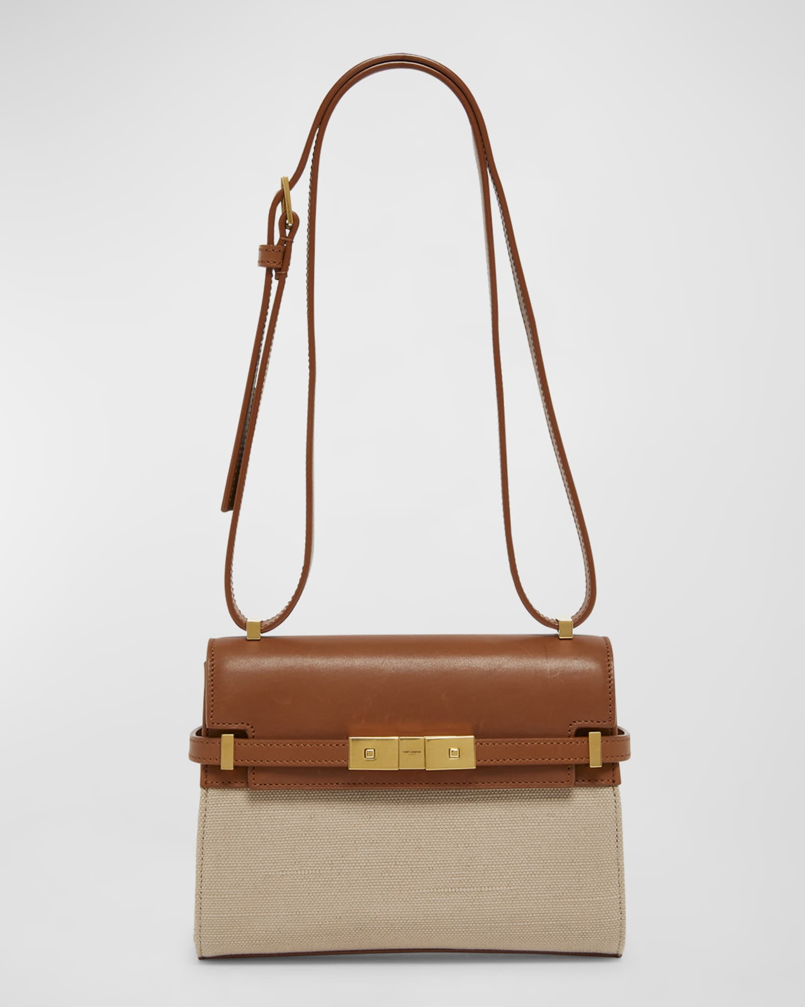 Saint Laurent Manhattan Mini Crossbody Bag in Canvas and Leather Desert dust Brick Women s Handbags Purses Crossbody Bags Camera Bags