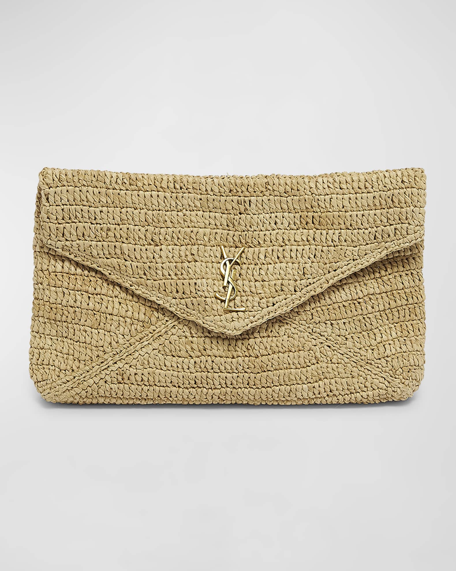 Large YSL Envelope Pouch Clutch Bag in Raffia & Leather 0