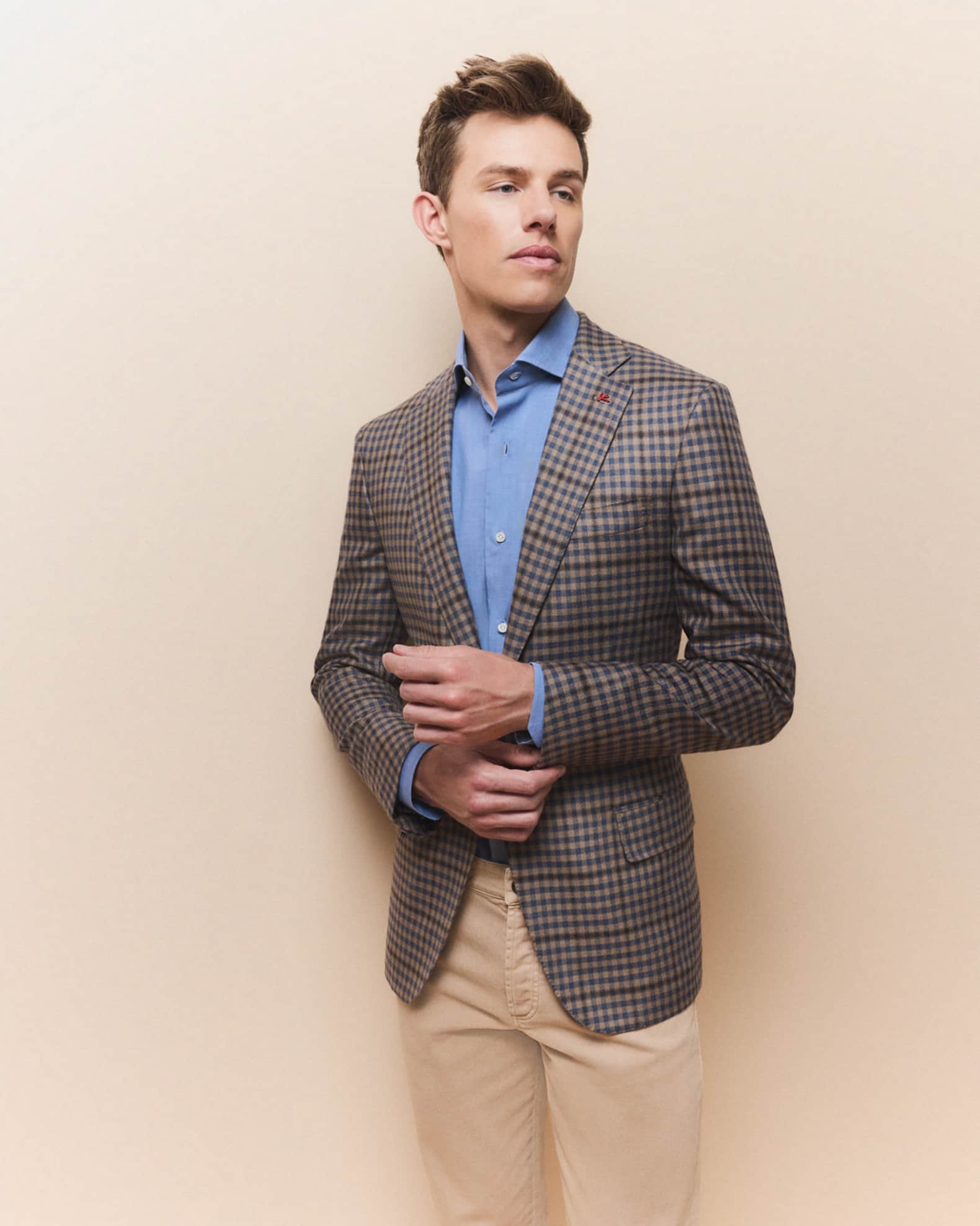 Isaia Men's Tan and Blue Gingham Check Sport Jacket | Neiman