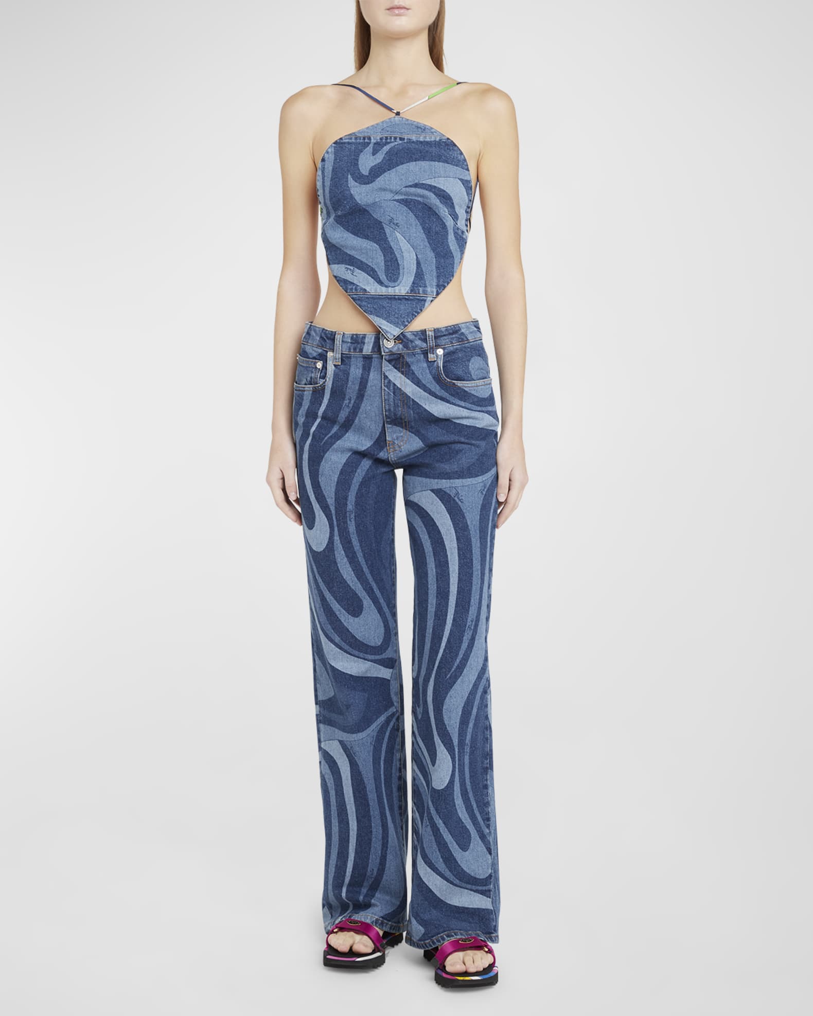 Pucci Mid-Rise Swirl-Print Denim Straight-Leg Trousers