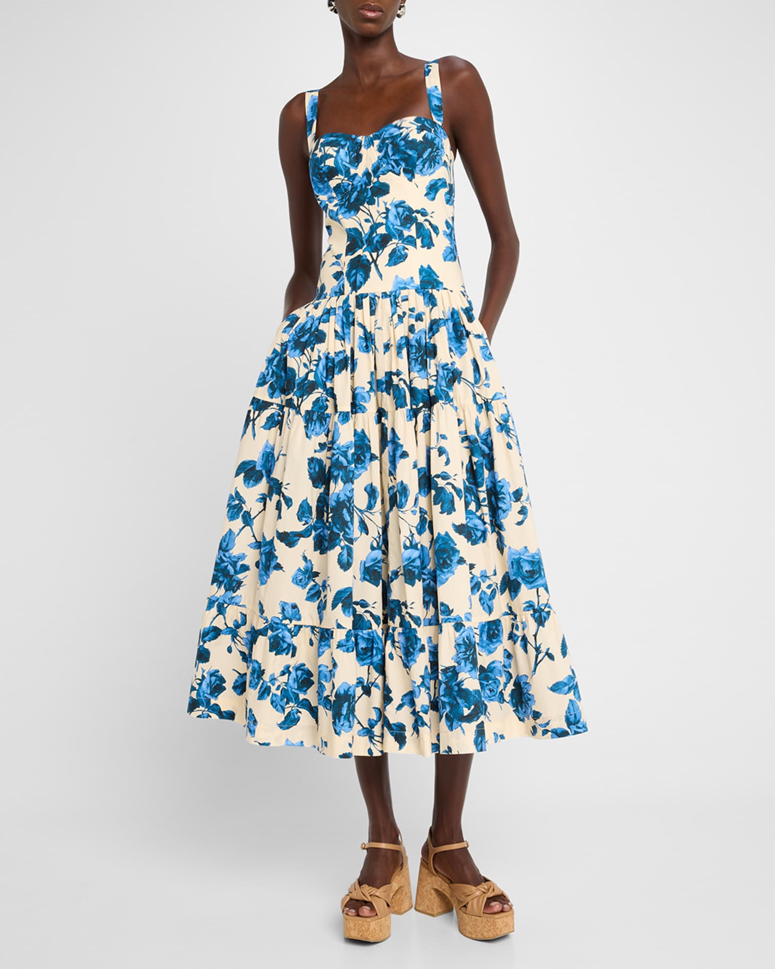 Cara Cara Santiago Bustier Tiered Floral Poplin Midi Dress | Neiman Marcus