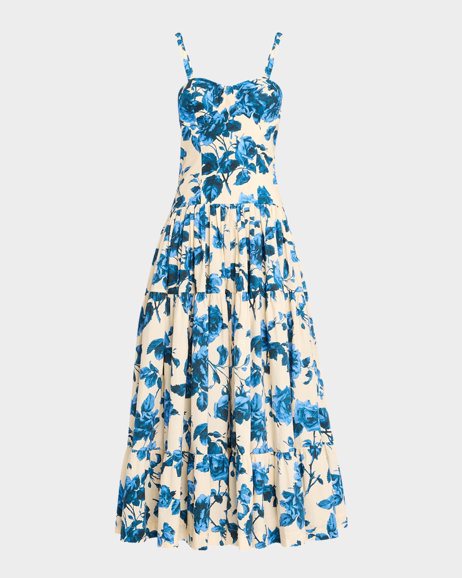 Santiago Bustier Tiered Floral Poplin Midi Dress 0