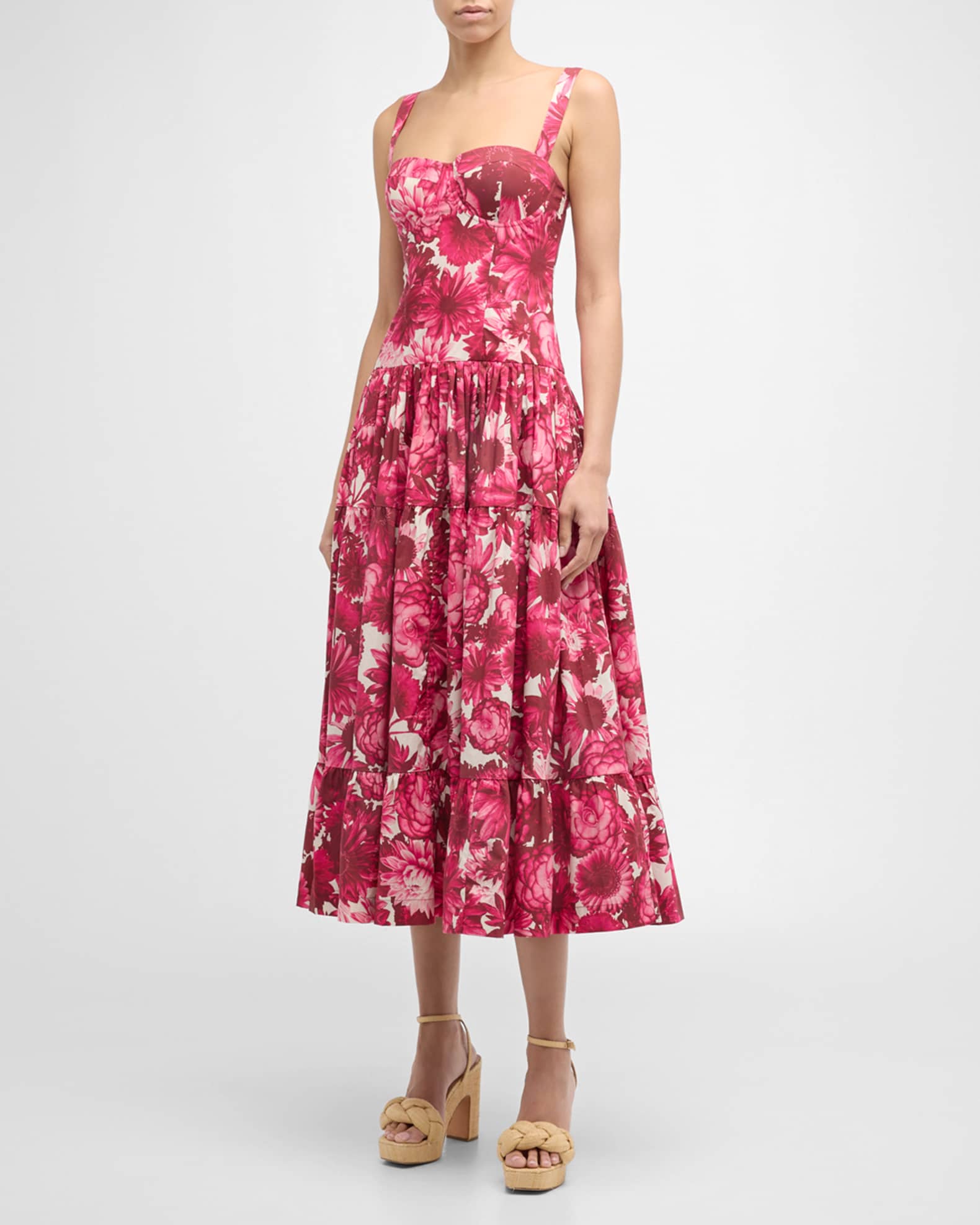 Santiago Bustier Tiered Floral Poplin Midi Dress 1