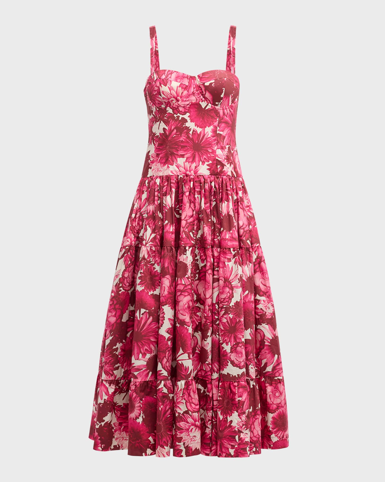 Santiago Bustier Tiered Floral Poplin Midi Dress 0