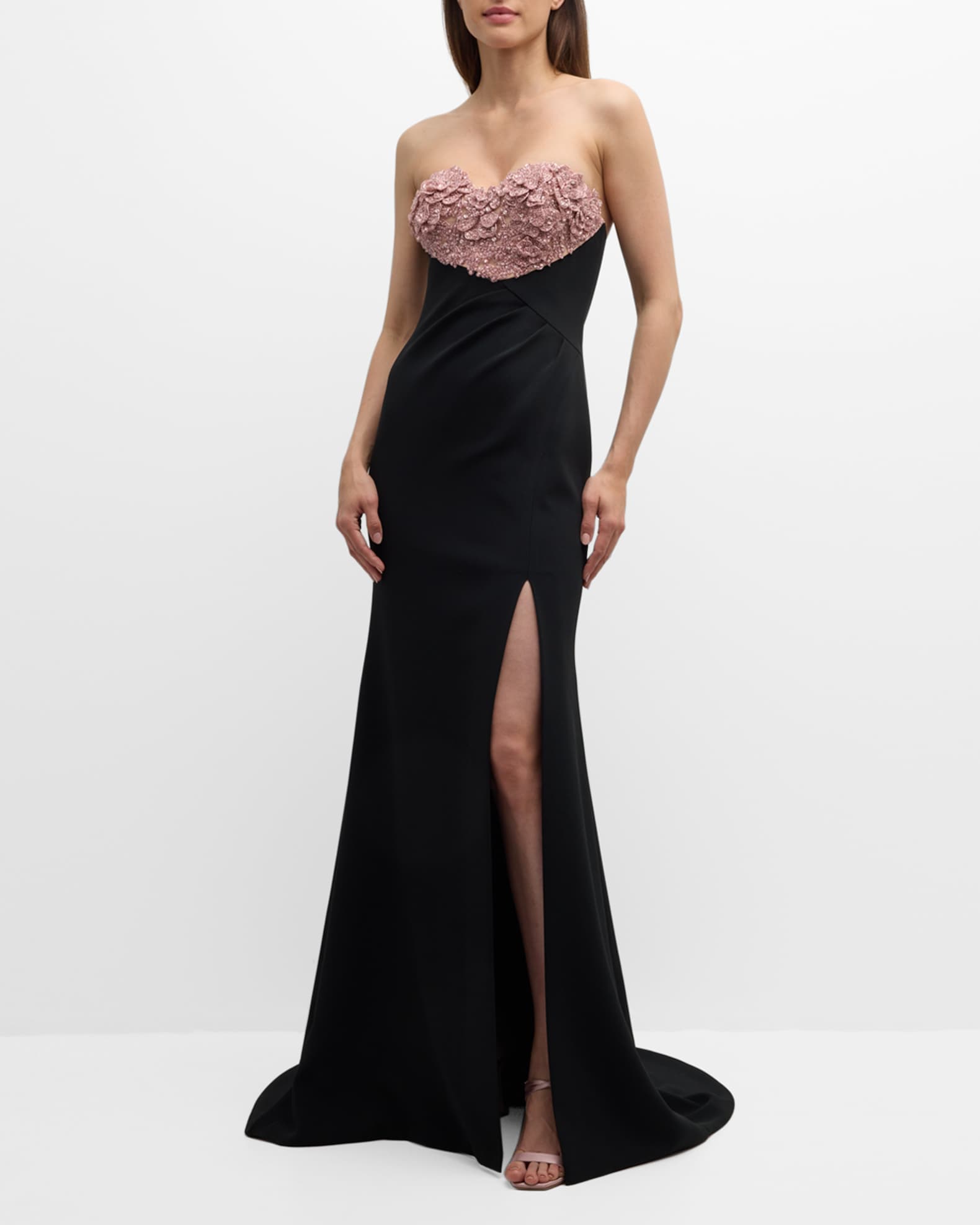 Crystal Flower Empire Waist Slit Trumpet Gown