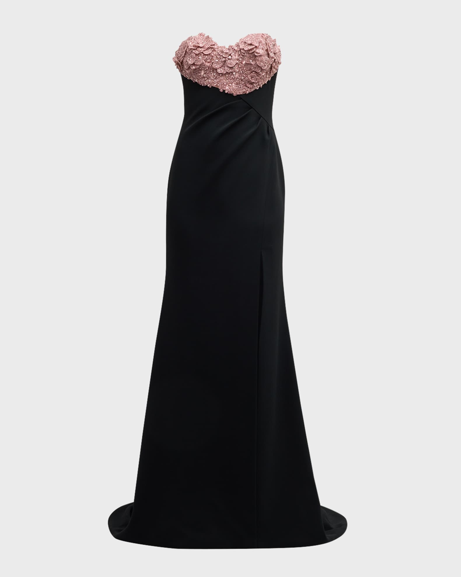 Pamella Roland Crystal Flower Empire Waist Slit Trumpet Gown