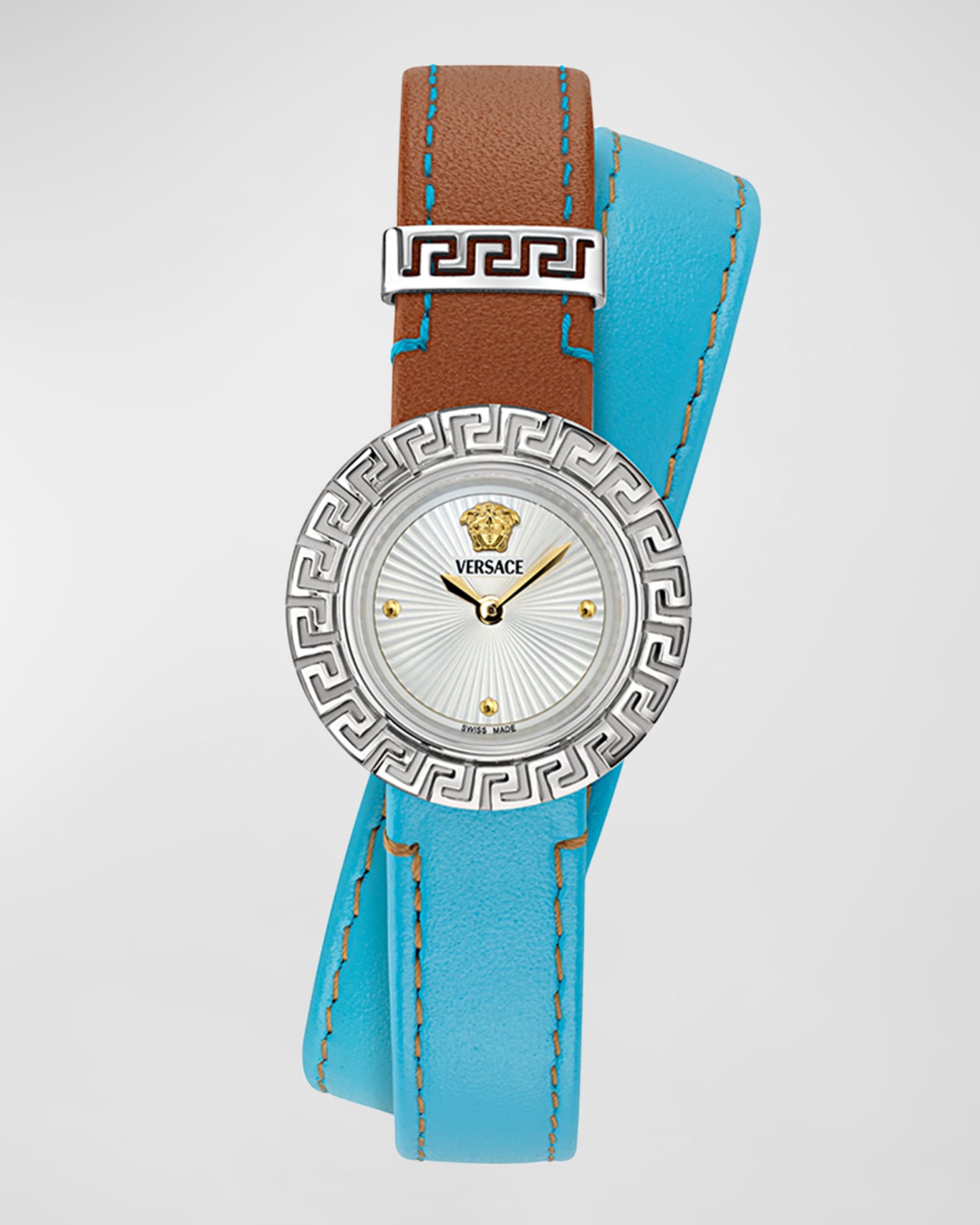Versace La Greca Stainless Steel Bangle Bracelet Watch With Wrap Leather Strap 28mm Neiman Marcus