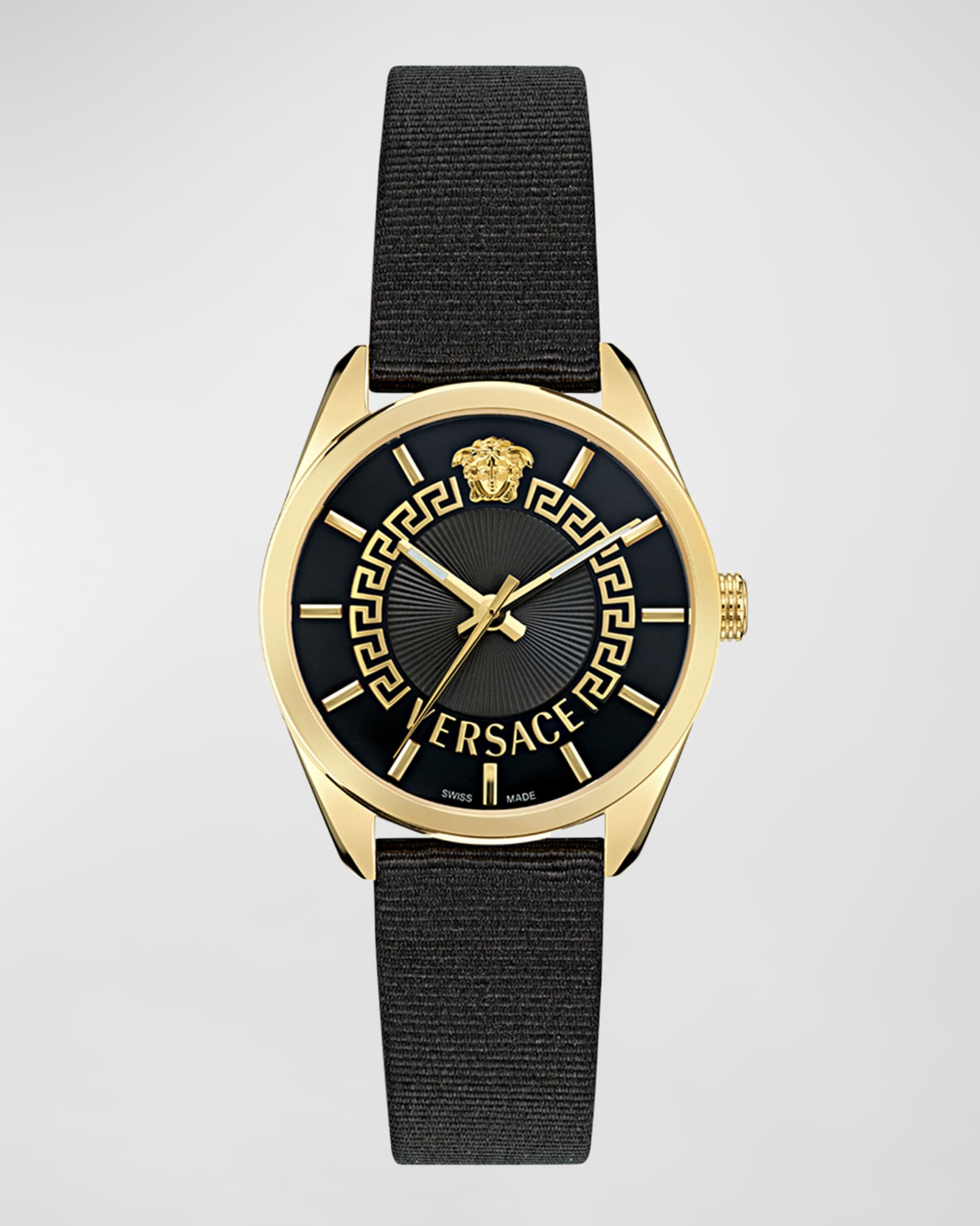 Versace V Circle 36mm IP Yellow Gold Watch With Grosgrain Strap Black Neiman Marcus