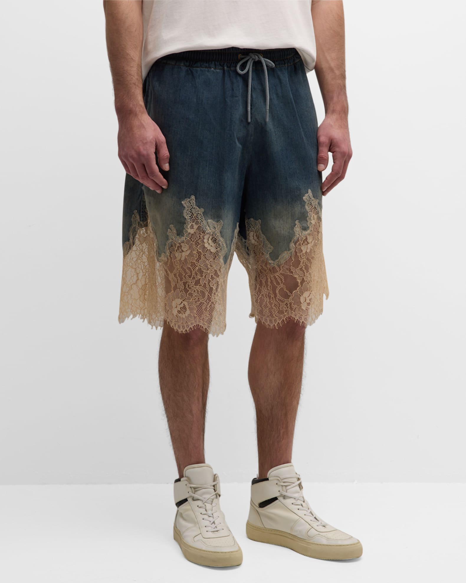 Men's Denim and Lace Drawstring Shorts