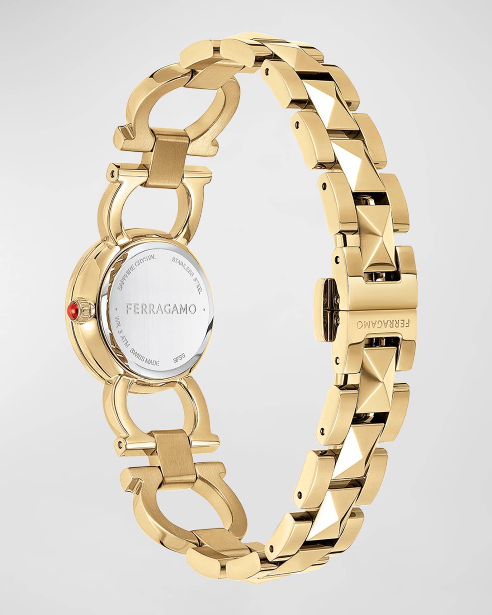 Ferragamo 25mm Double Gancini Stud Watch with Silver Dial Yellow Gold Neiman Marcus