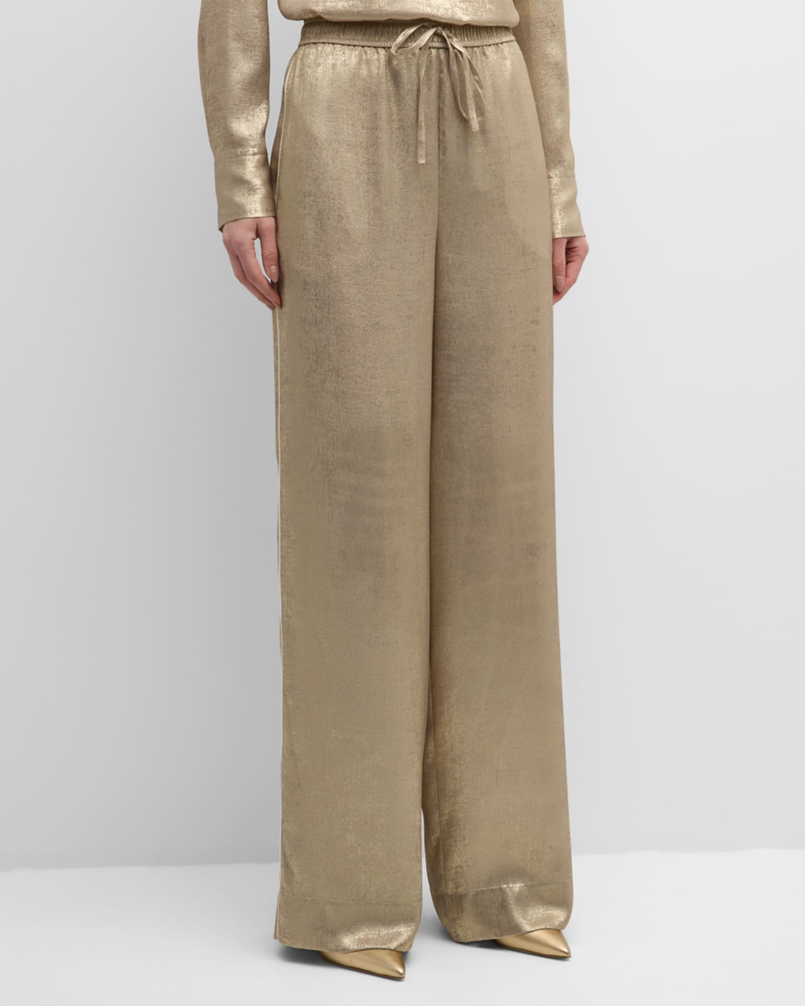 Mid-Rise Fluid Metallic Wide-Leg Drawstring Pants 1