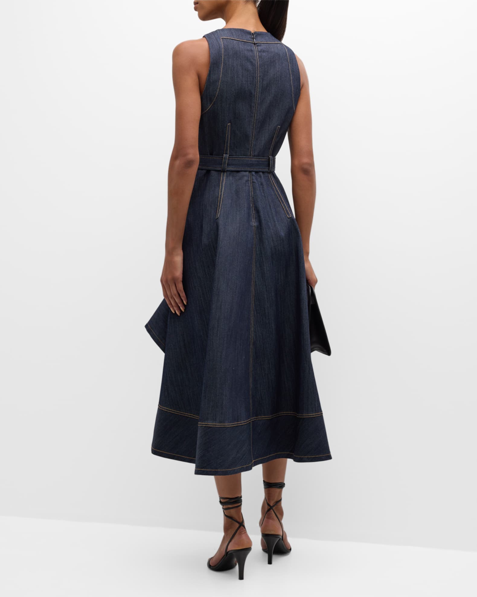 Cinq a Sept Zelda Belted Asymmetric Sleeveless Denim Midi Dress