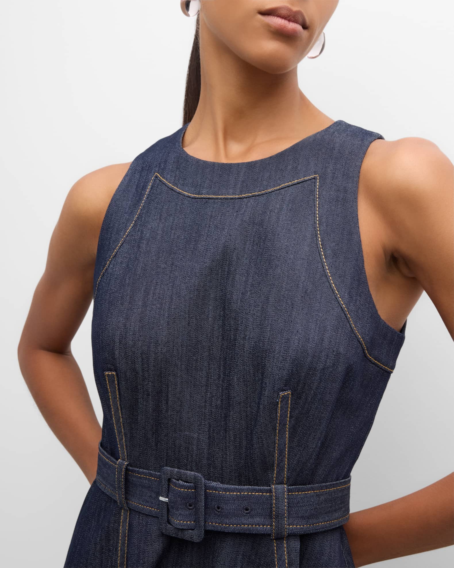 Cinq a Sept Zelda Belted Asymmetric Sleeveless Denim Midi