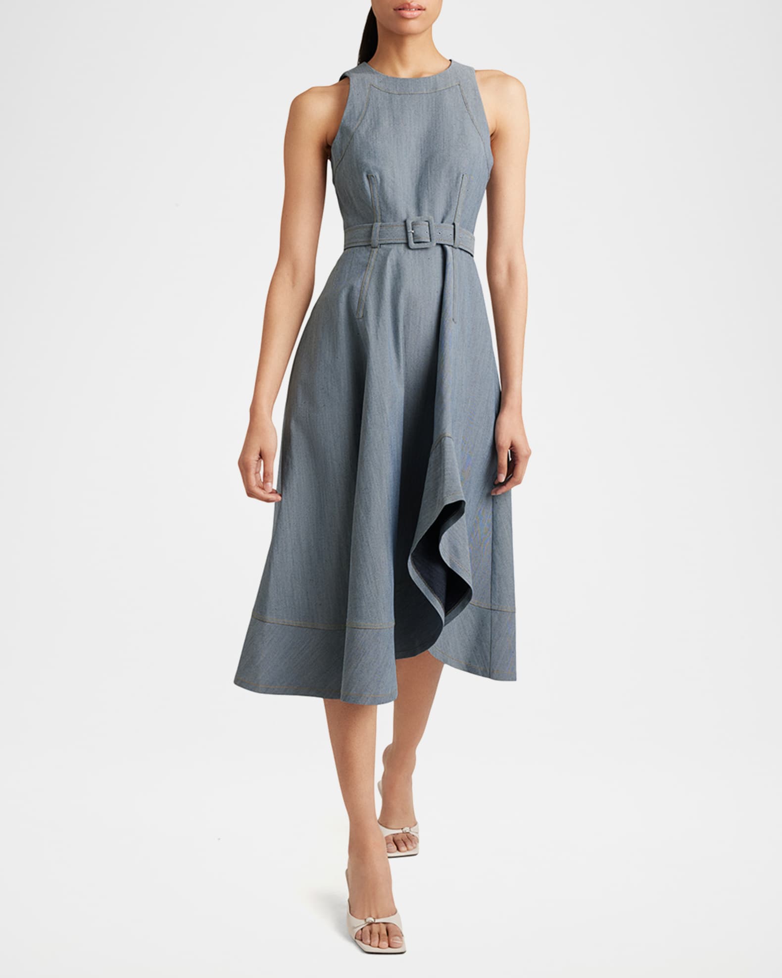 Zelda Belted Asymmetric Sleeveless Denim Midi Dress 1