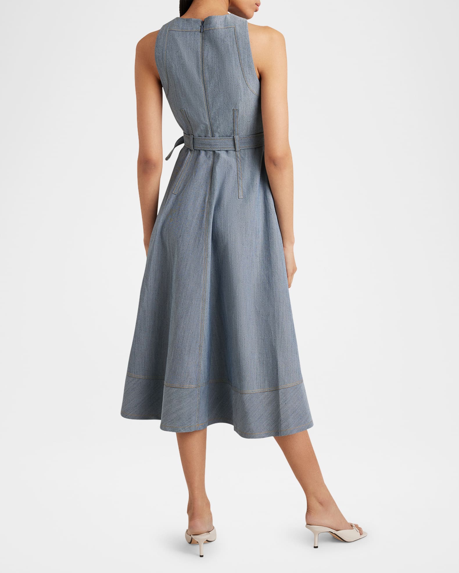 Cinq a Sept Zelda Belted Asymmetric Sleeveless Denim Midi