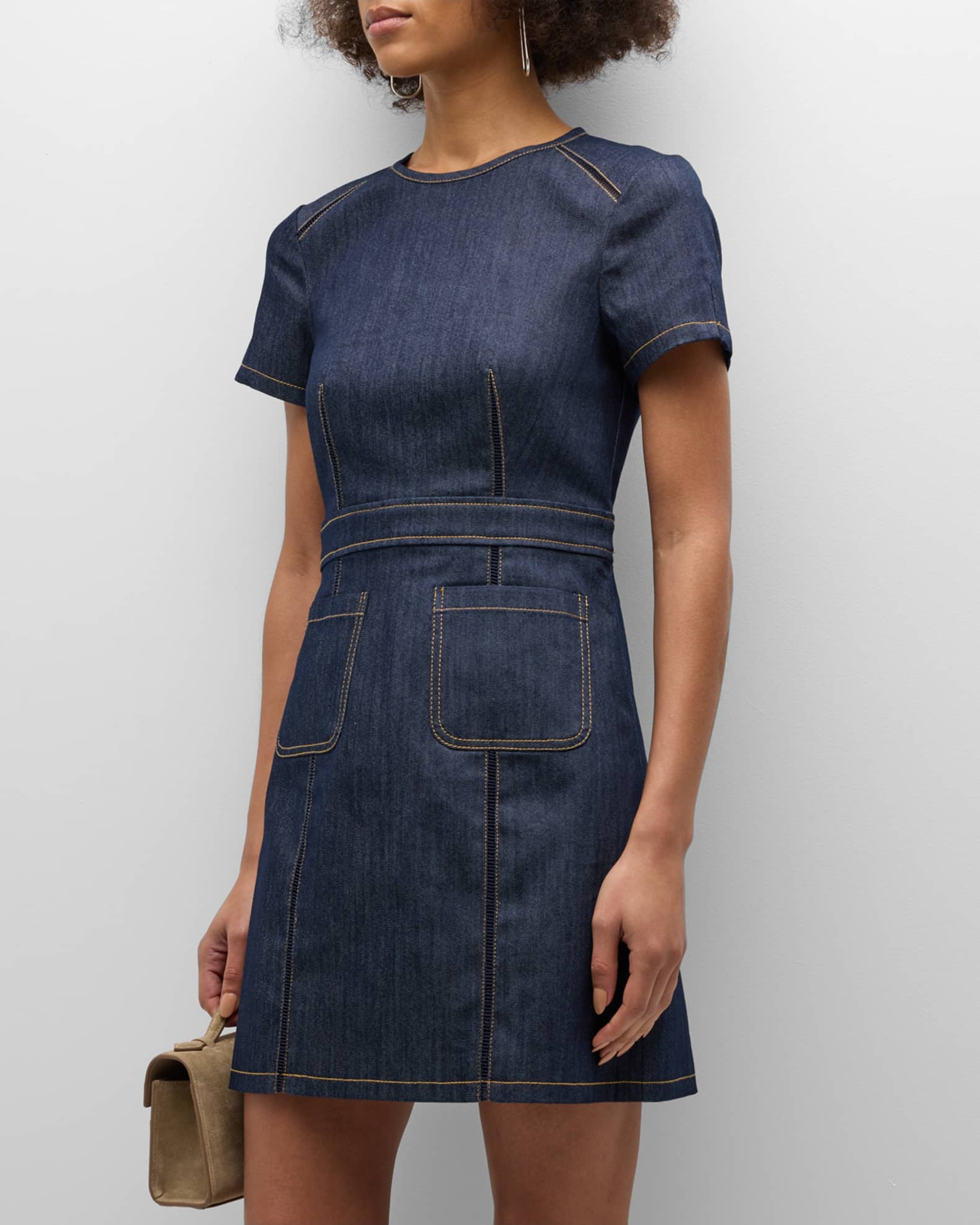 【爆売りセール開催中！】 Cinq Dress Shift Mini Denim Topstitched Giana Sept a スーツ・フォーマル・ドレス