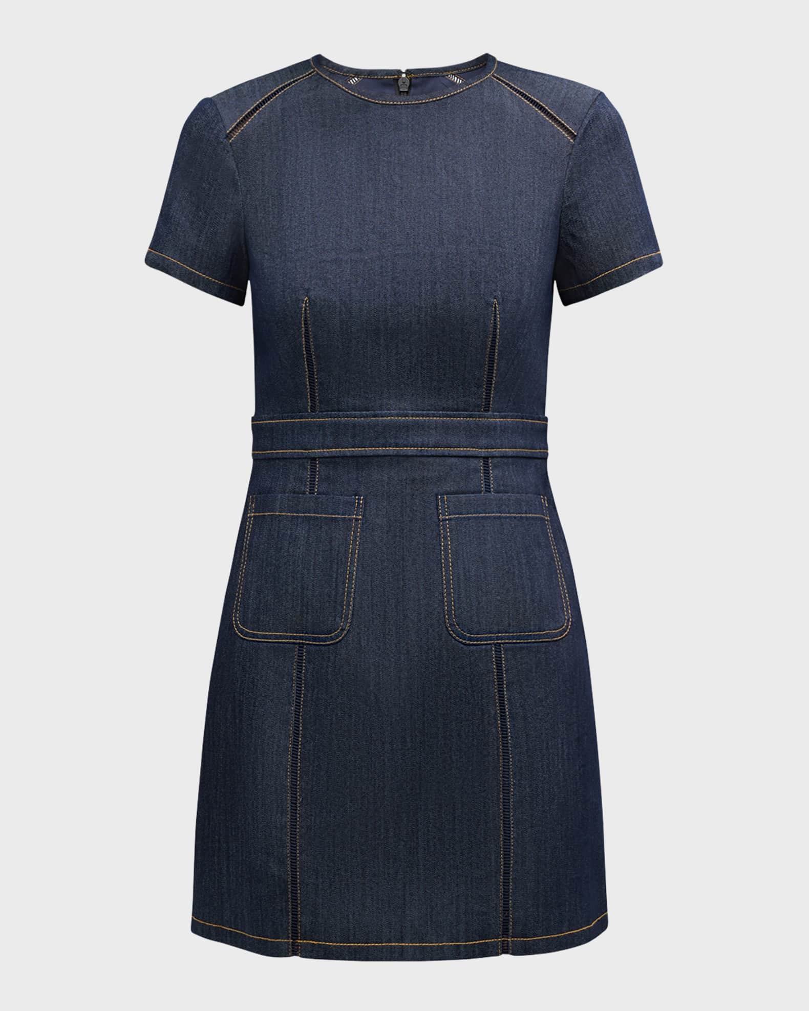 Giana Topstitched Denim Mini Shift Dress 0