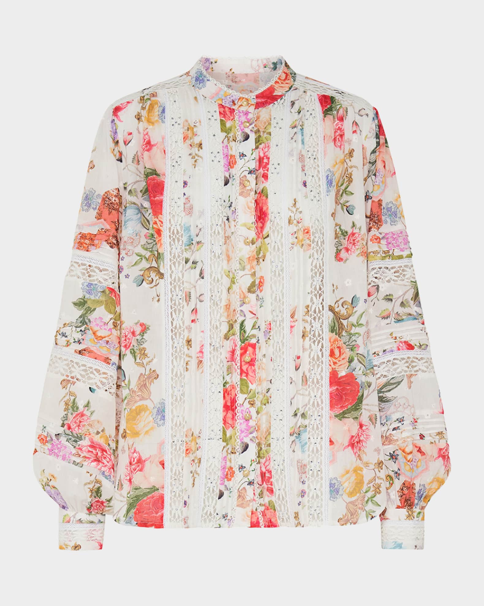Camilla Lace-Trim Floral Cotton Blouson-Sleeve Blouse