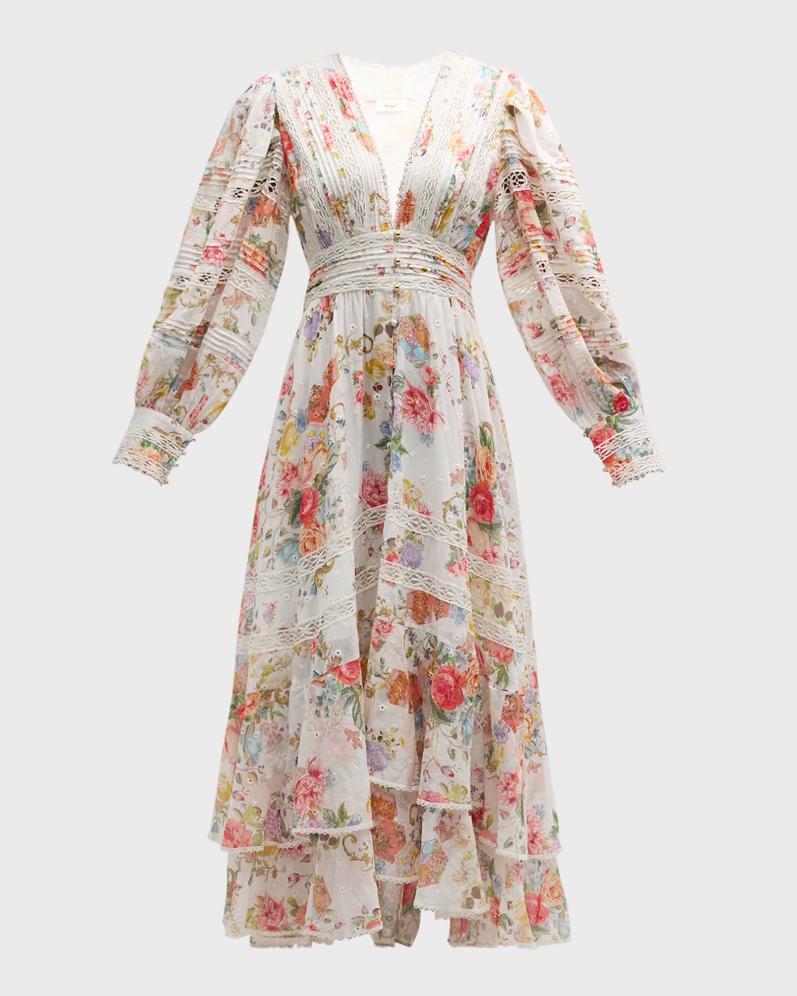 Camilla Floral Cotton Button-Front Maxi Dress with Lace Inserts