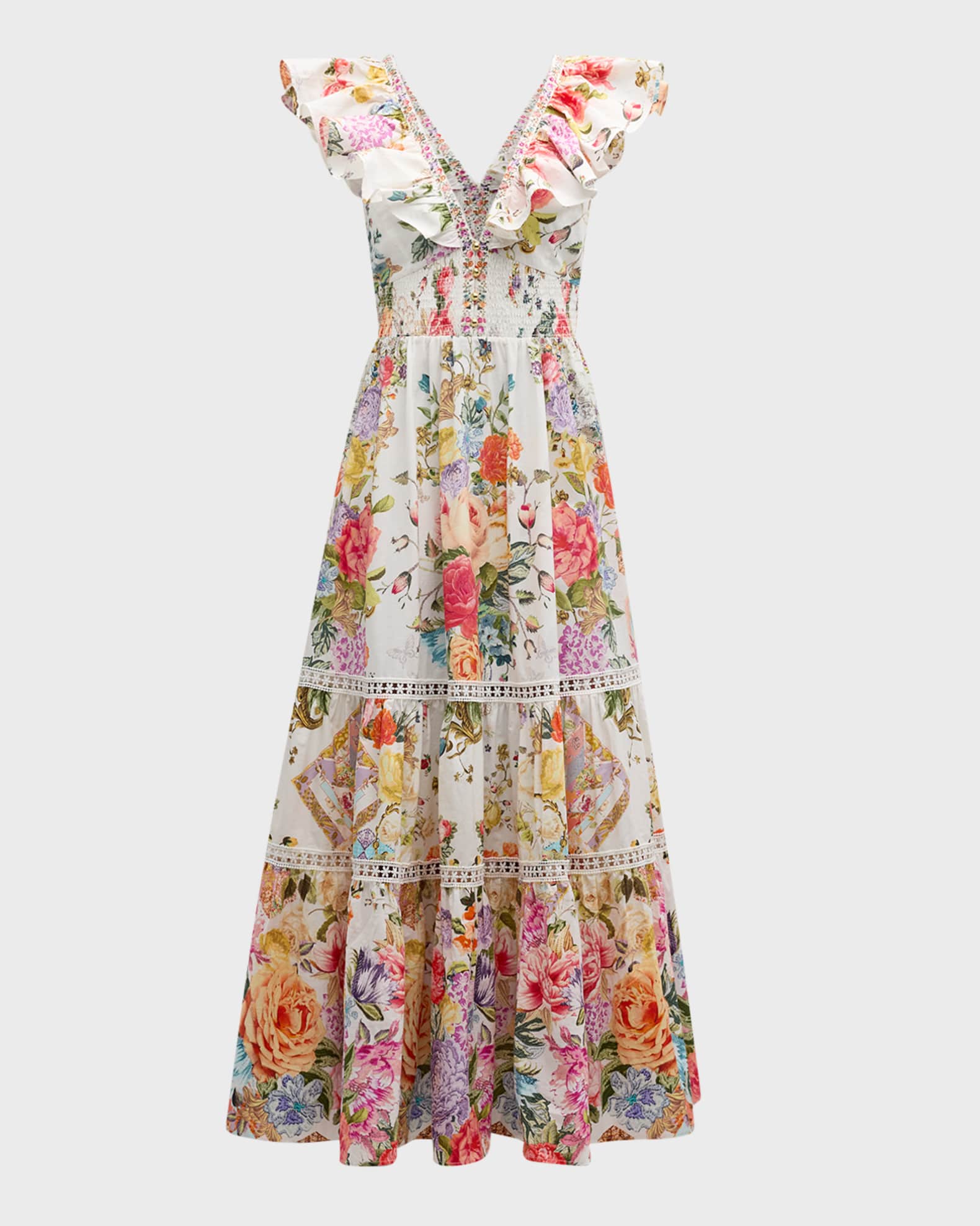 Camilla Tiered Cotton Maxi Dress with Neck Frill Neiman Marcus