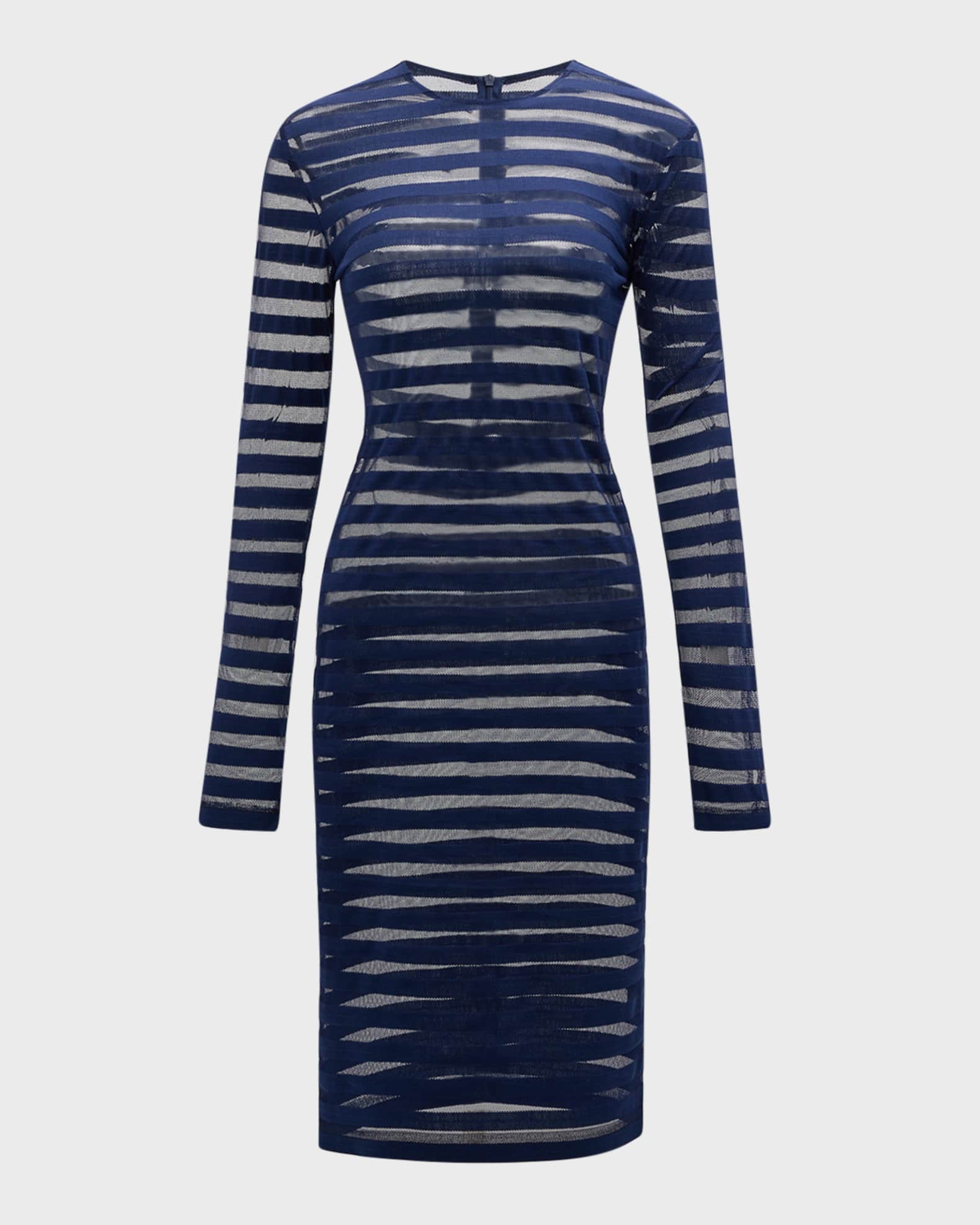 Norma Kamali Semi-Sheer Striped Long-Sleeve Dress