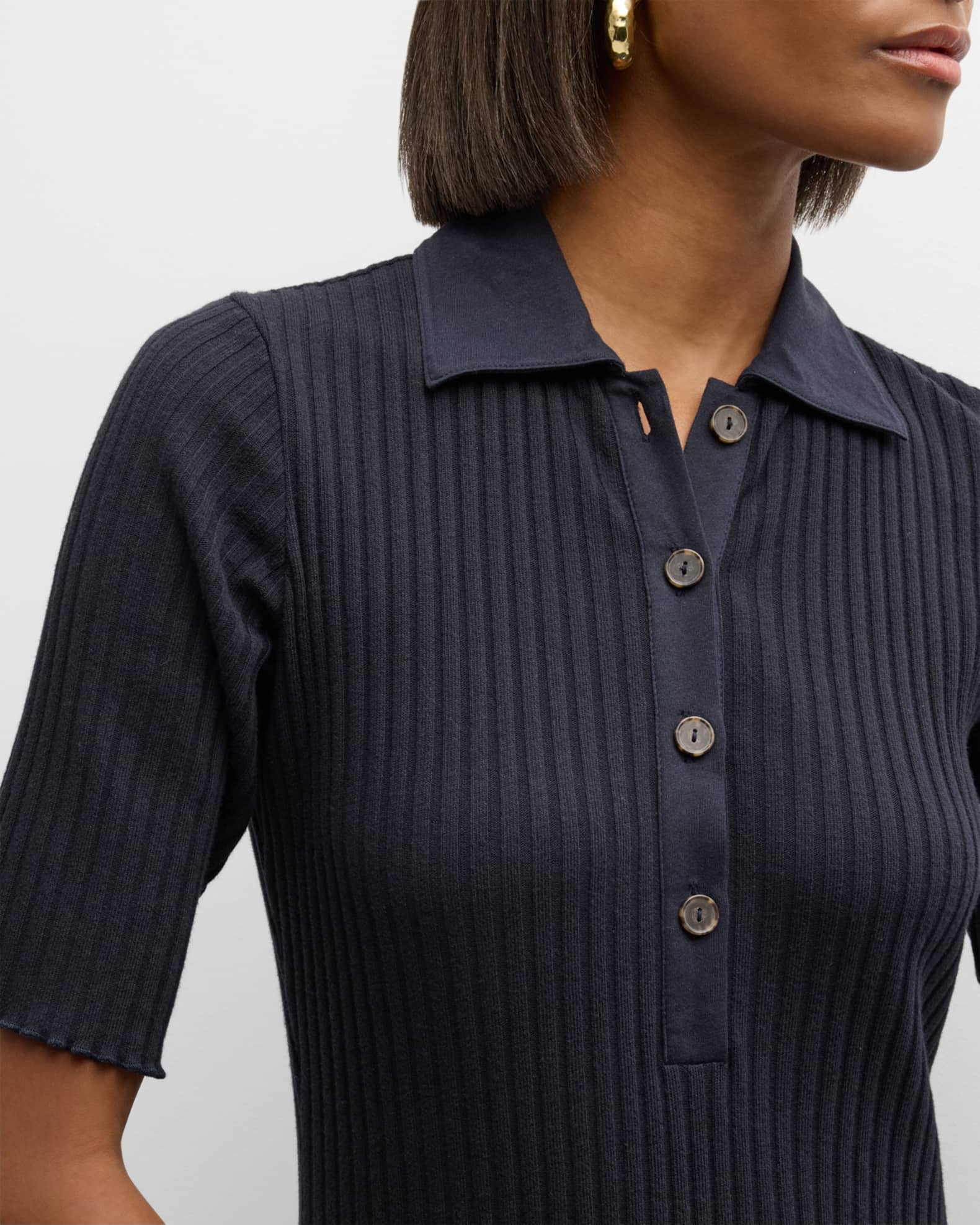 Vince Ribbed ElbowSleeve Polo Midi Dress Neiman Marcus