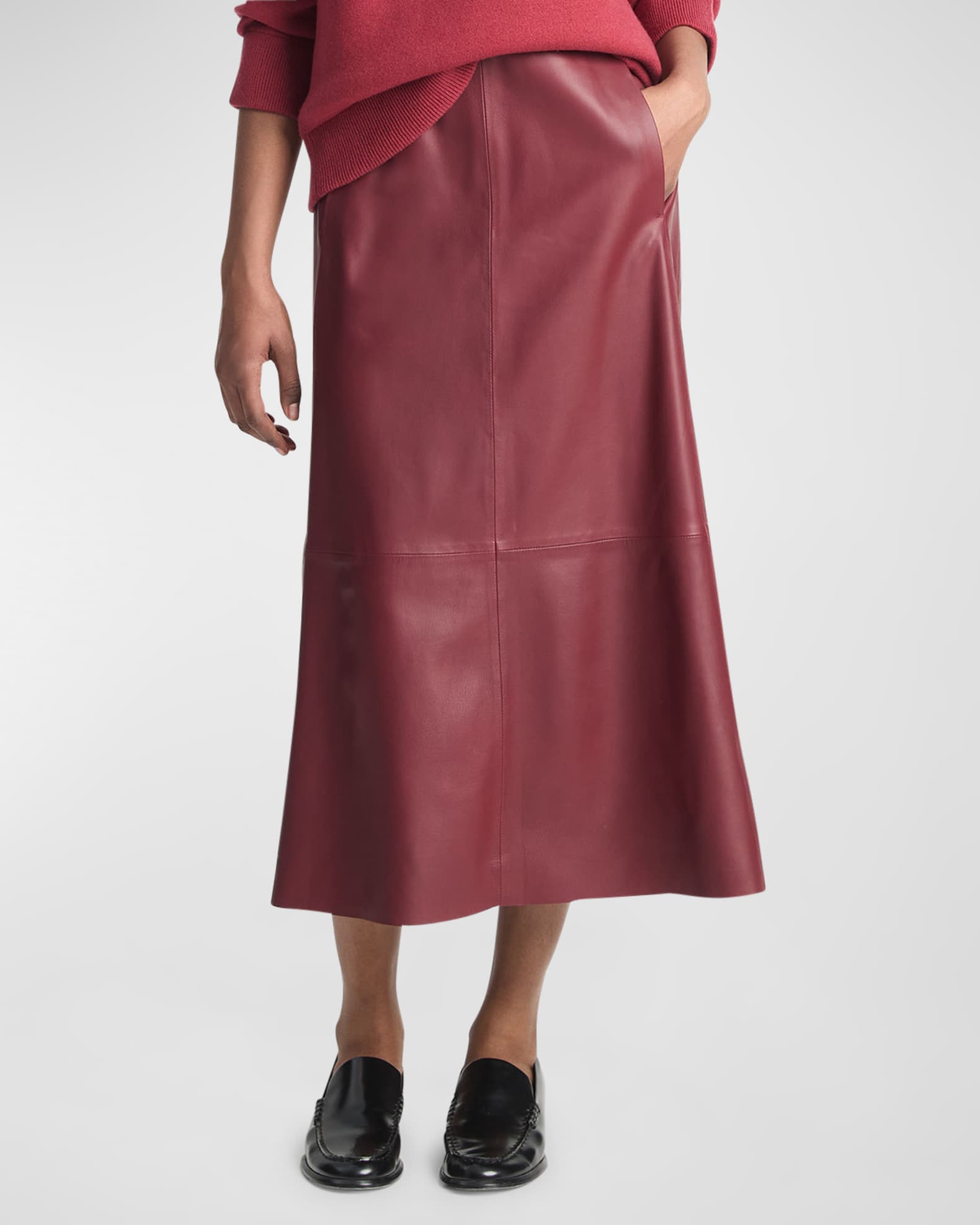 Vince Lambskin Leather Gathered Midi Skirt Neiman Marcus
