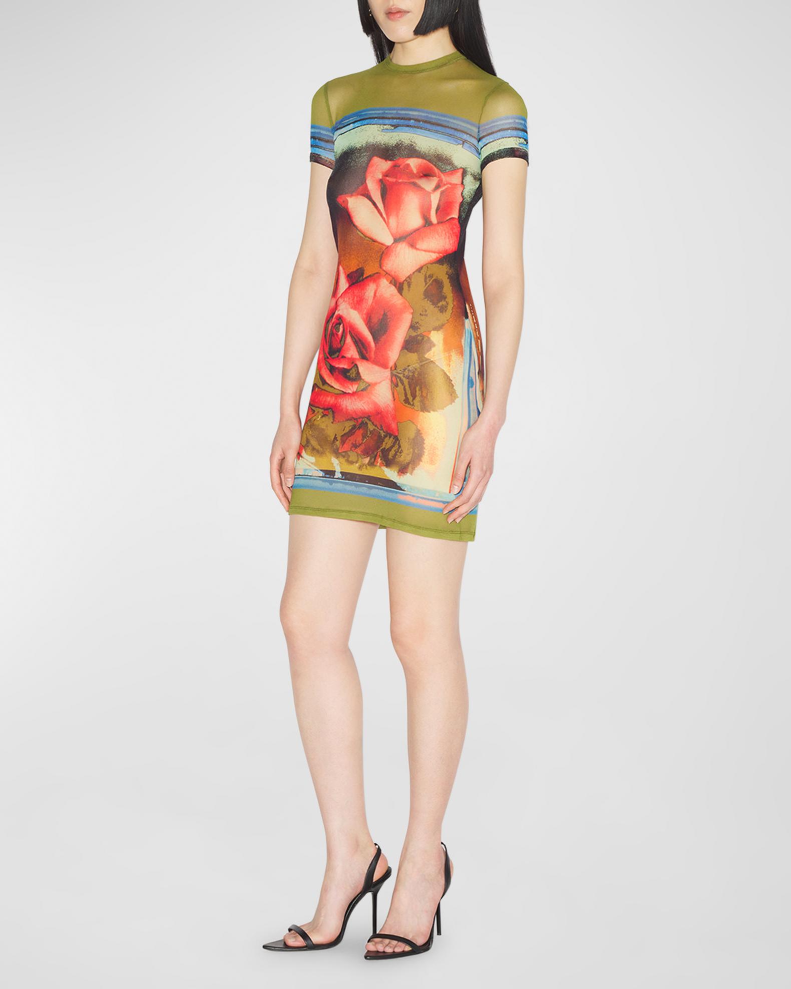 Jean Paul Gaultier Roses-Print Short-Sleeve Mesh Mini Dress | Neiman Marcus