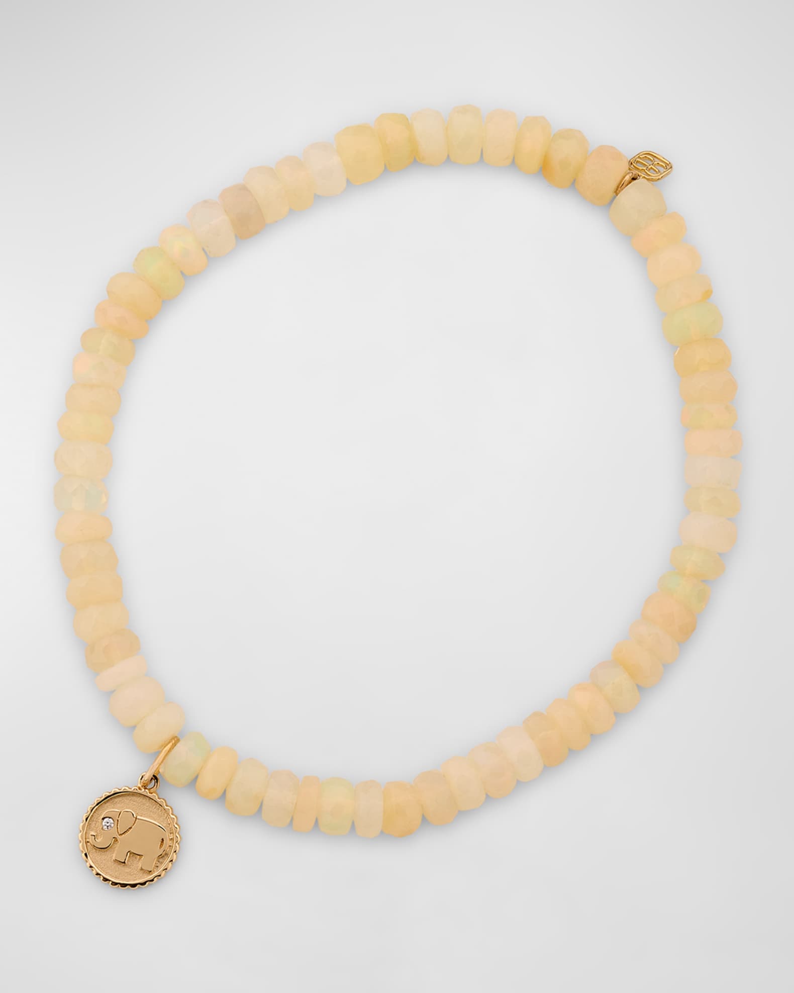 14K Yellow Gold Tiny Elephant Coin Charm on Opal Beaded Bracelet with One Diamond 0
