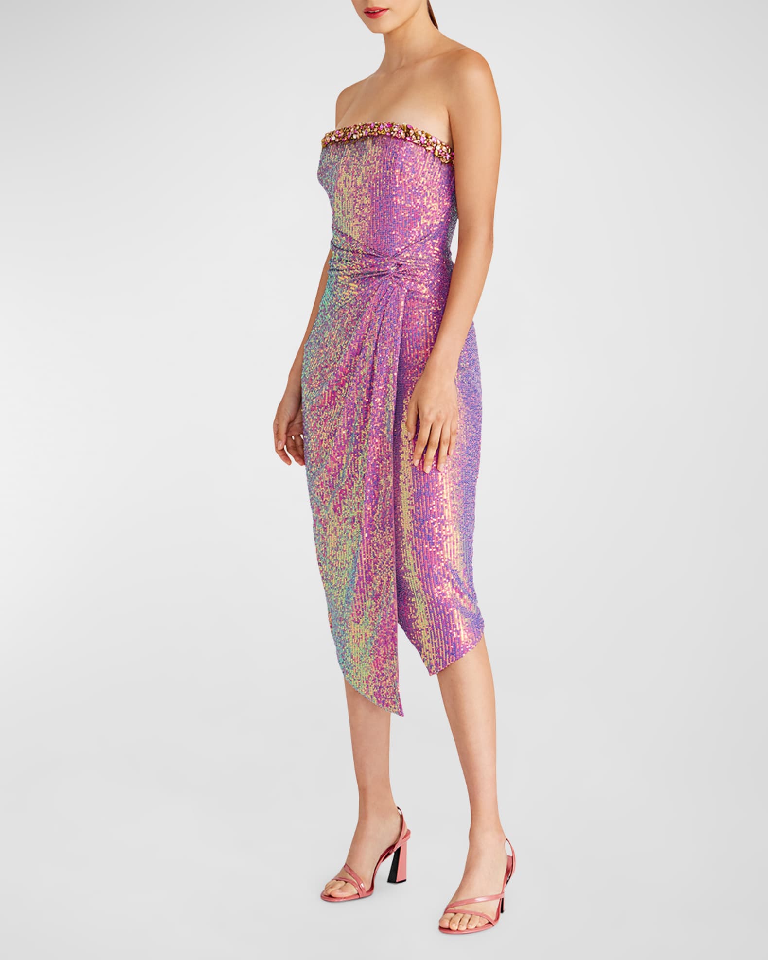 Elish Gold Floral Sequin Strapless Midi Dress