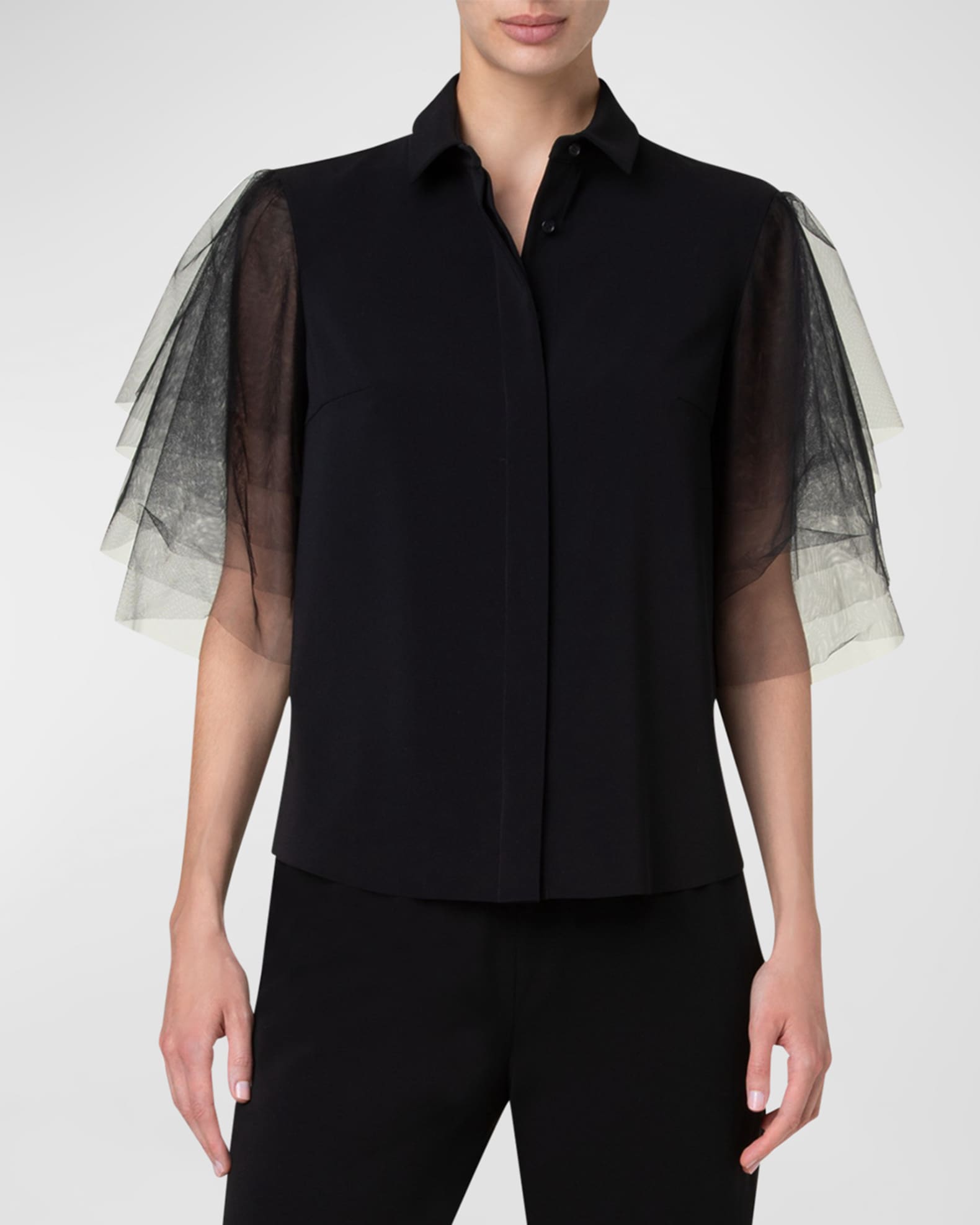 Women's See Through Blouse With Long Tulle Sleeves - Black White Button Down Shirt