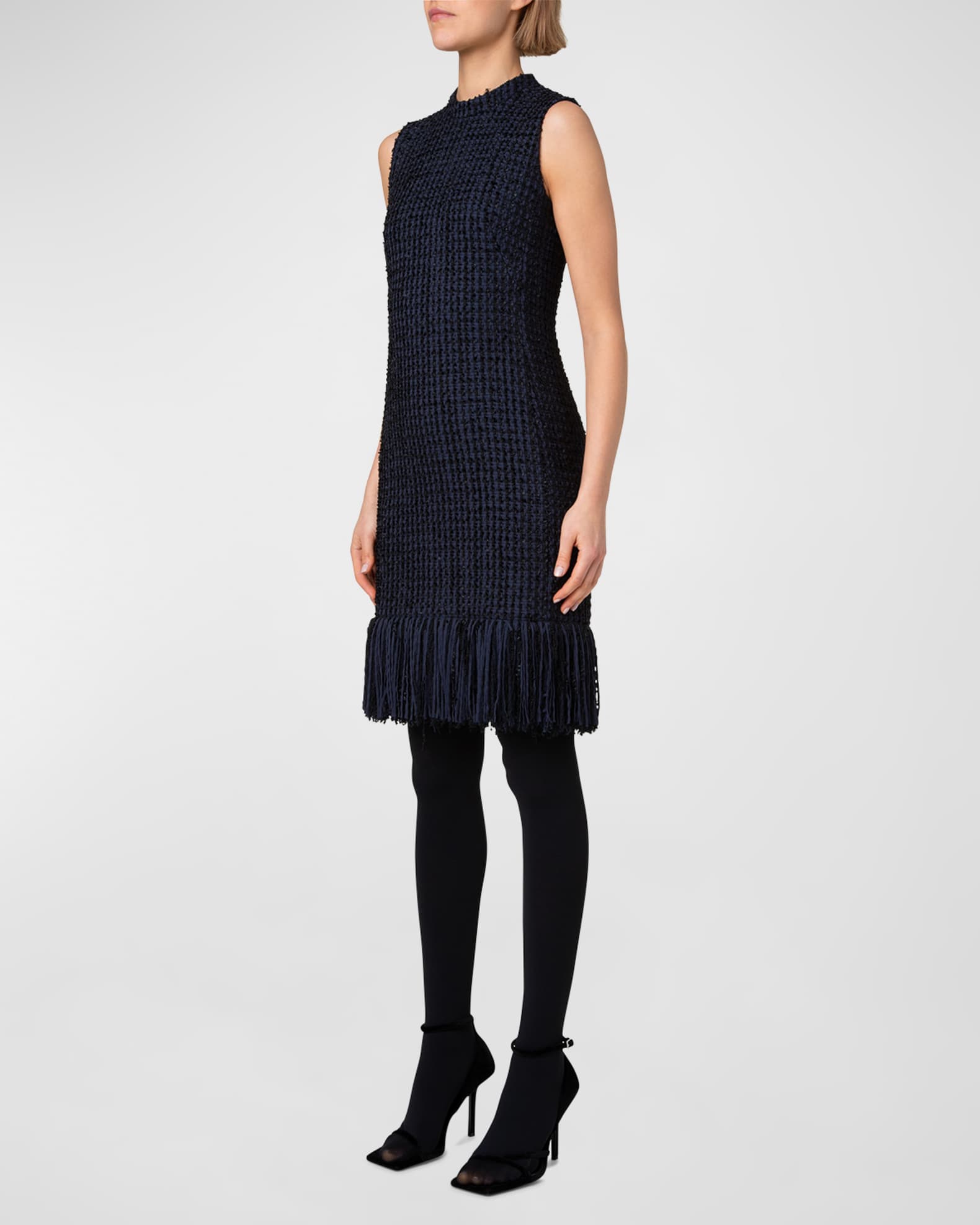 Chunky Tweed Sheath Dress with Fringed Hem