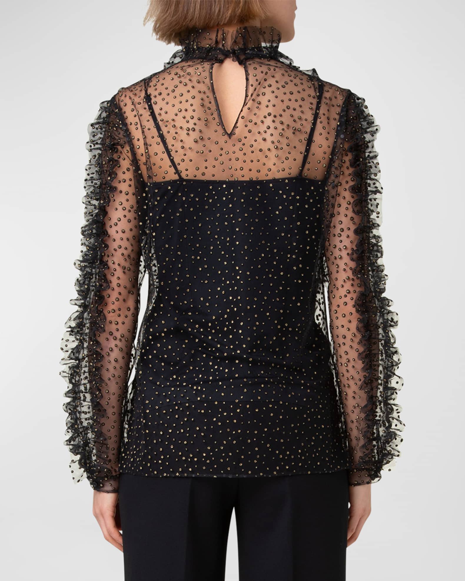 Gold Dots Tulle Blouse with Ruffle Detail