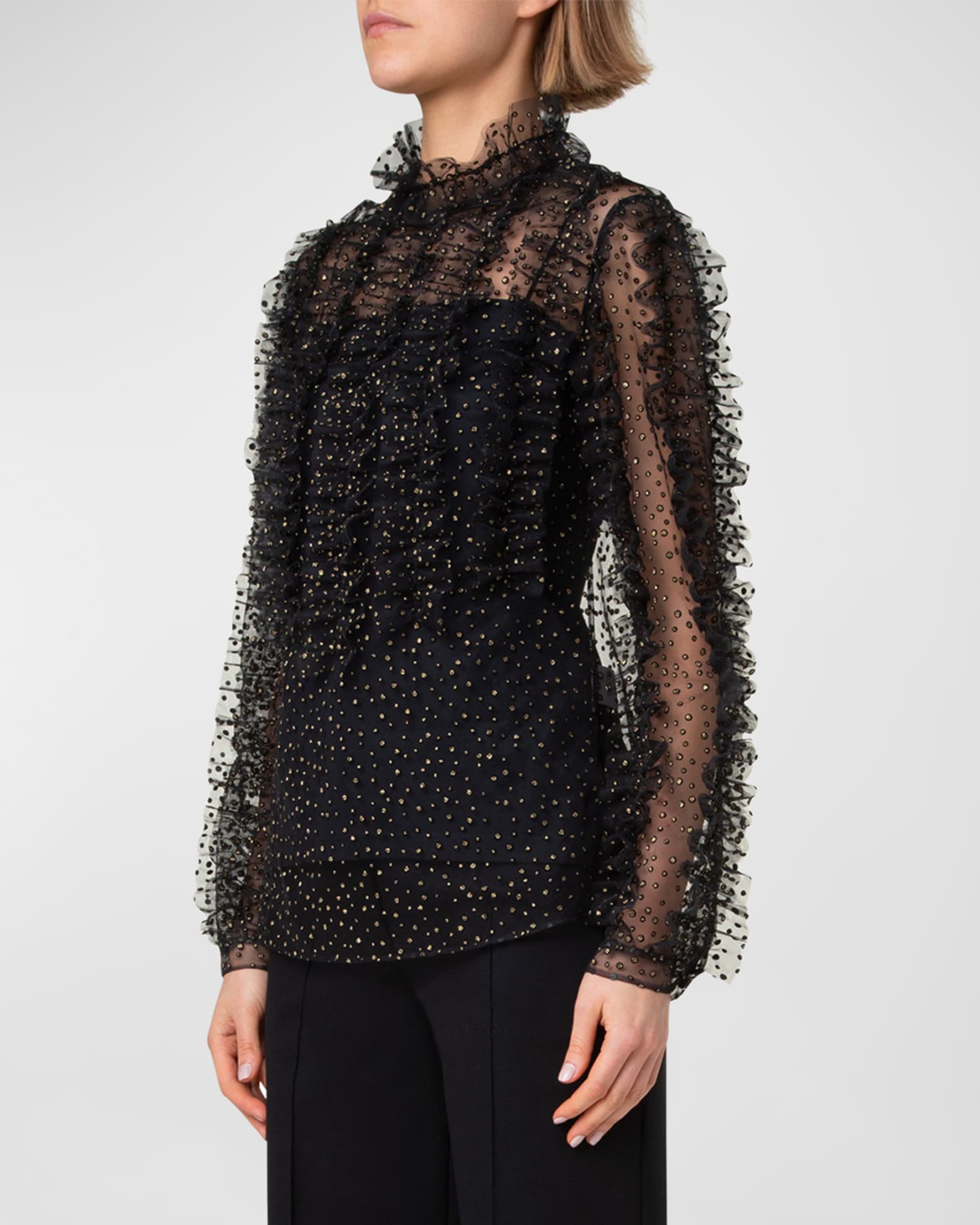 Gold Dots Tulle Blouse with Ruffle Detail