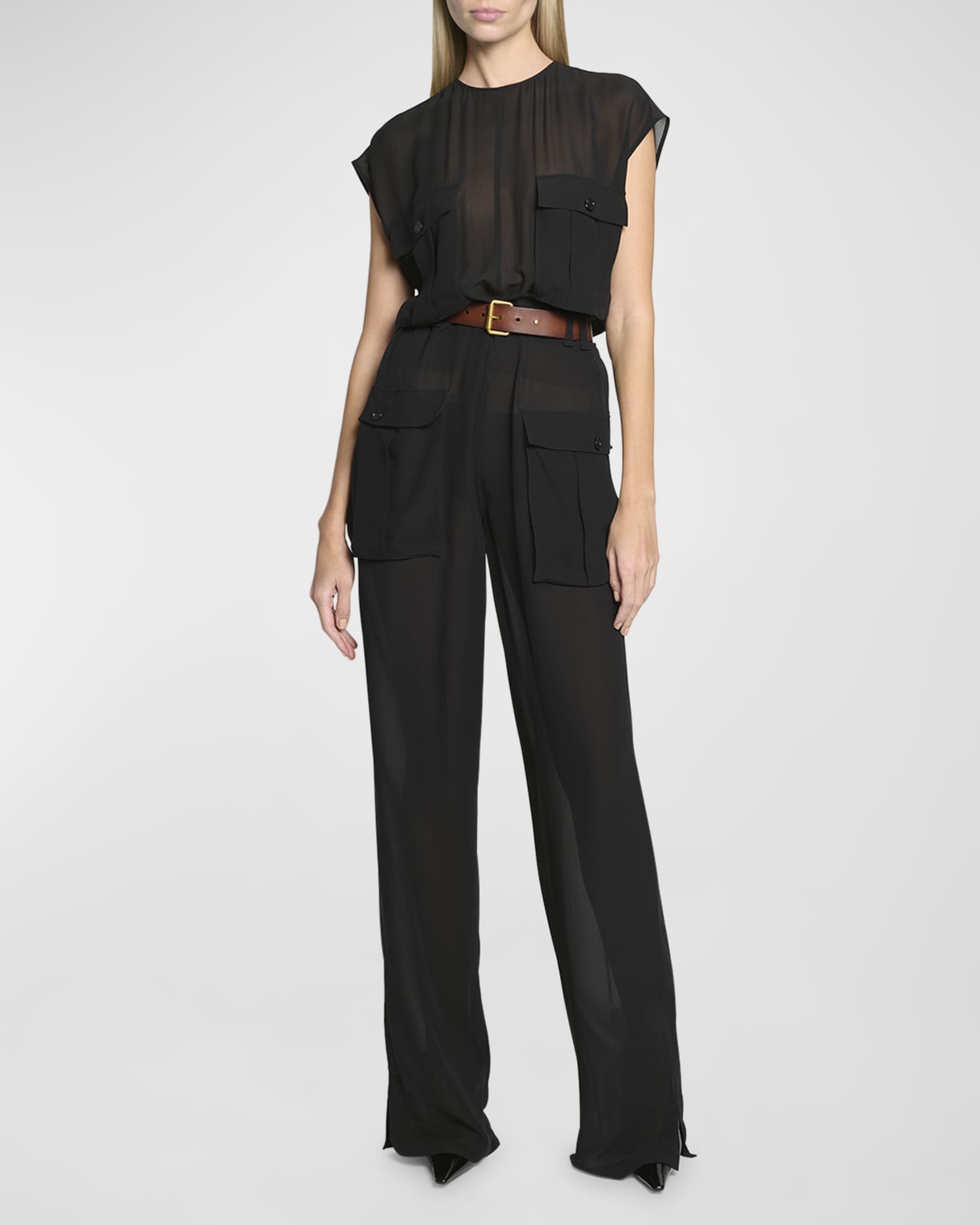 Saint Laurent Combinaison Sleeveless Belted Silk Chiffon Utility Jumpsuit Neiman Marcus